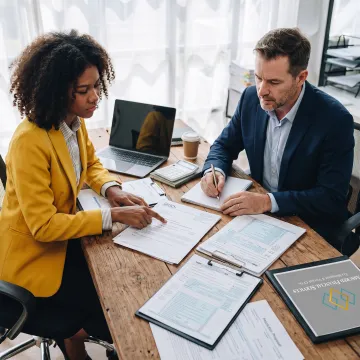 Tax professional reviewing IRS documents with a client