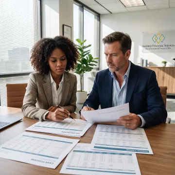 Financial advisor reviewing tax planning documents with a business owner