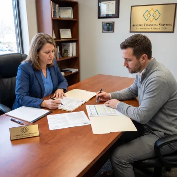 Tax professional reviewing IRS documents with a client