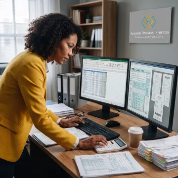 Tax professional reviewing organized financial documents