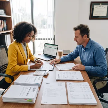 Tax professional reviewing financial documents with a client