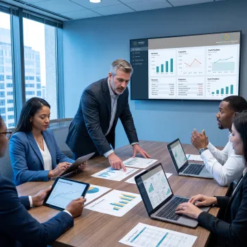 CFO reviewing financial reports with business leaders