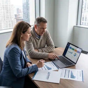 Financial advisor reviewing business performance reports