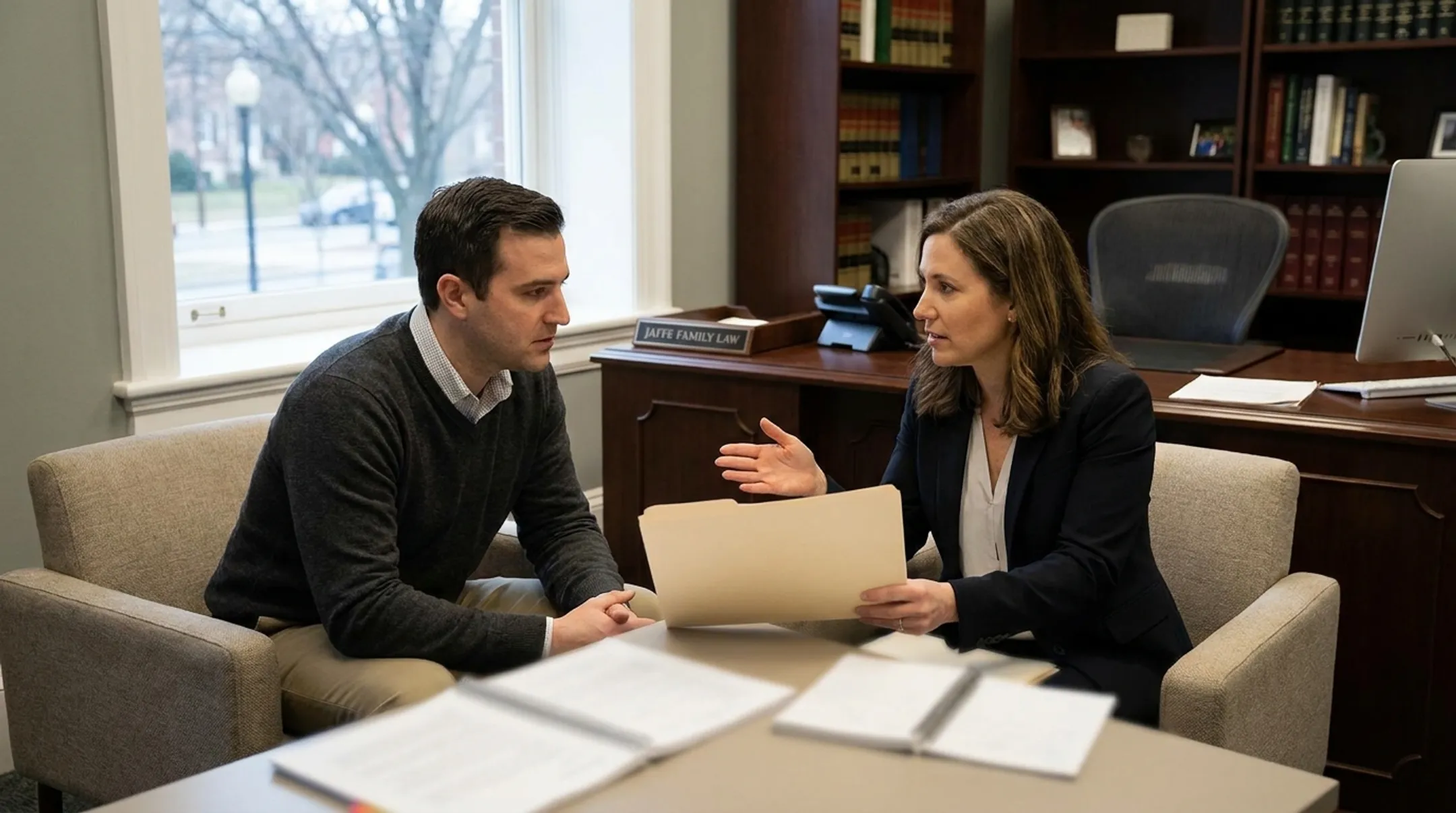 Family law attorney consulting with divorce client about legal options