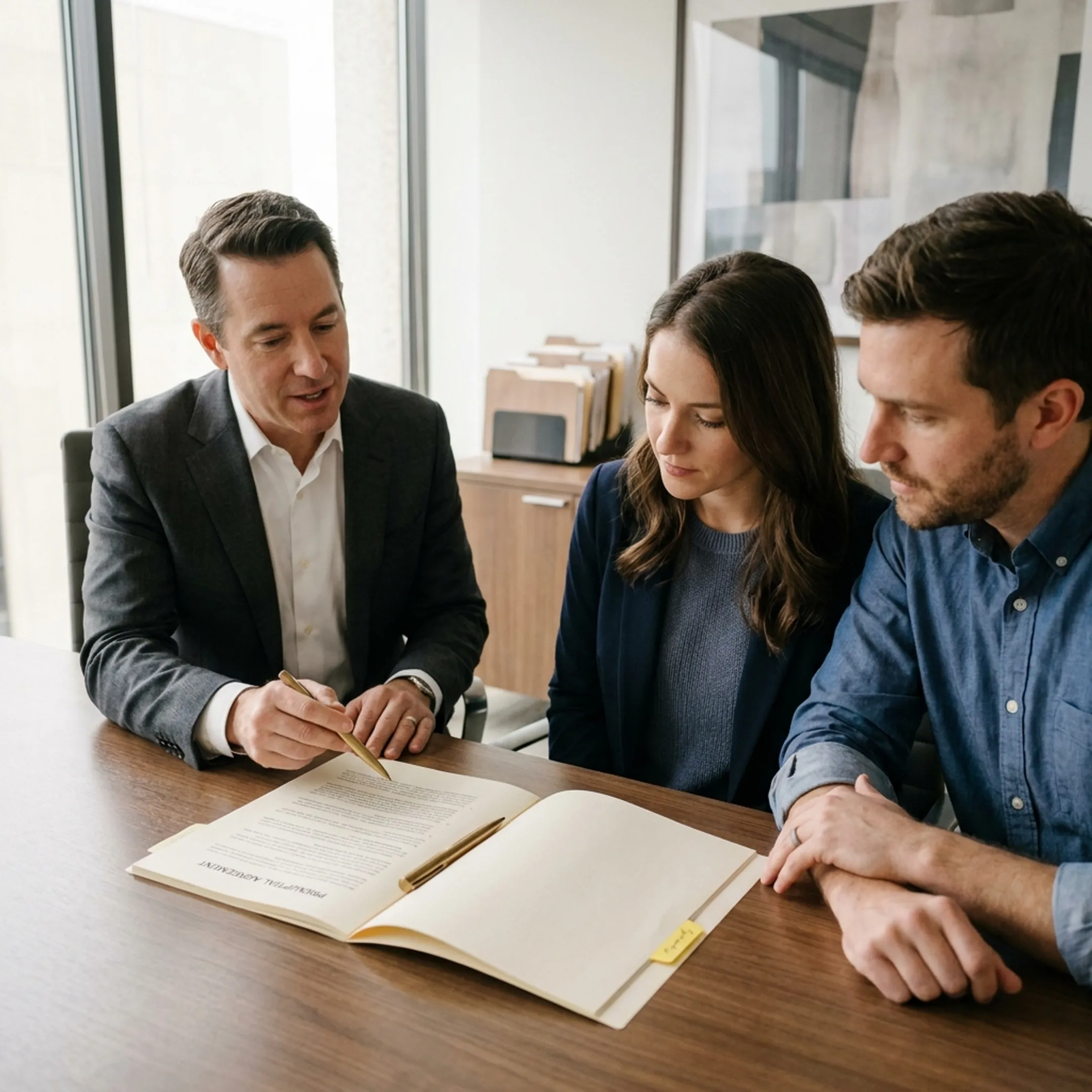Prenup lawyers discussing a premarital legal agreement with clients
