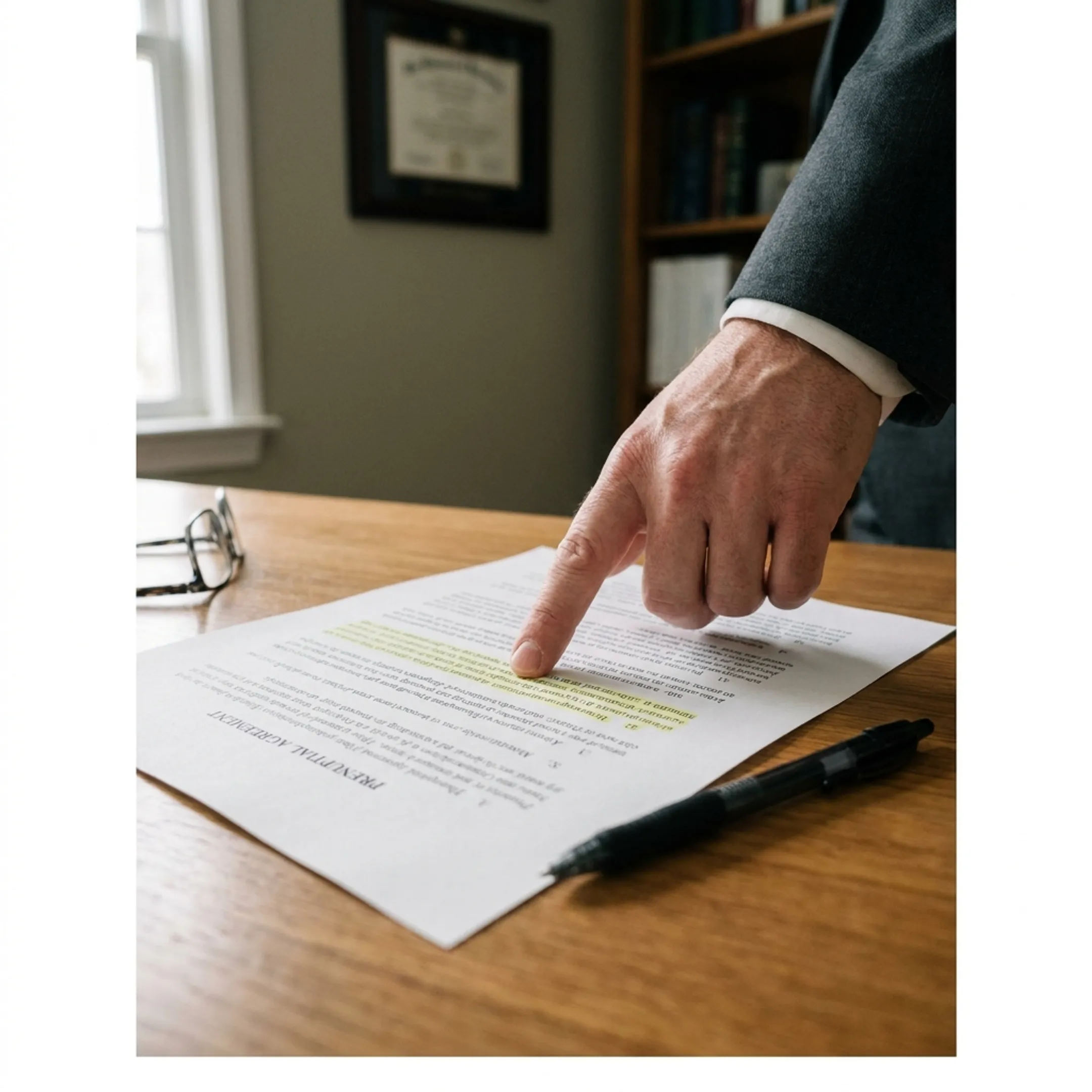 Attorney reviewing prenuptial agreement paperwork with clients