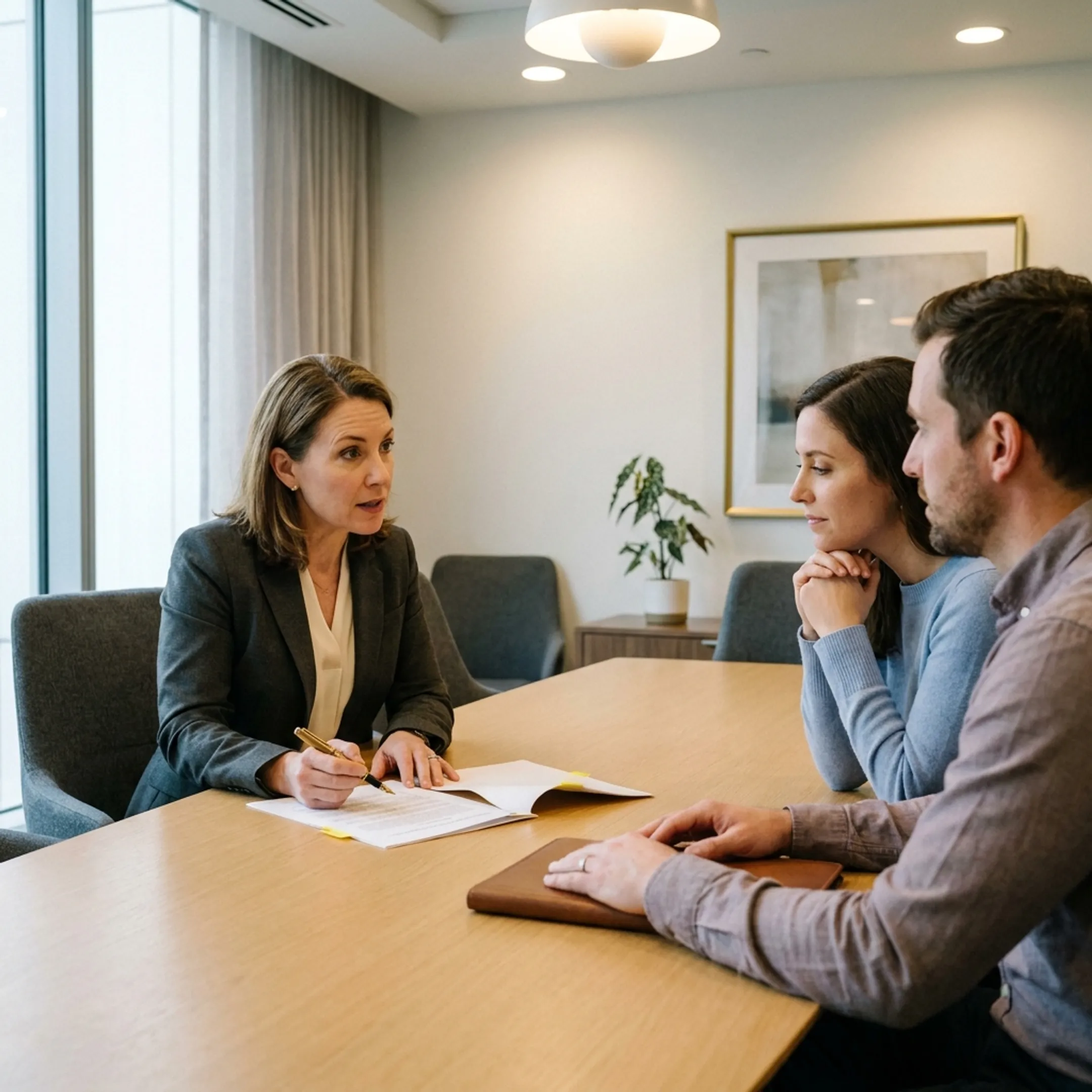Prenup attorney discussing prenuptial agreements with clients in a law office