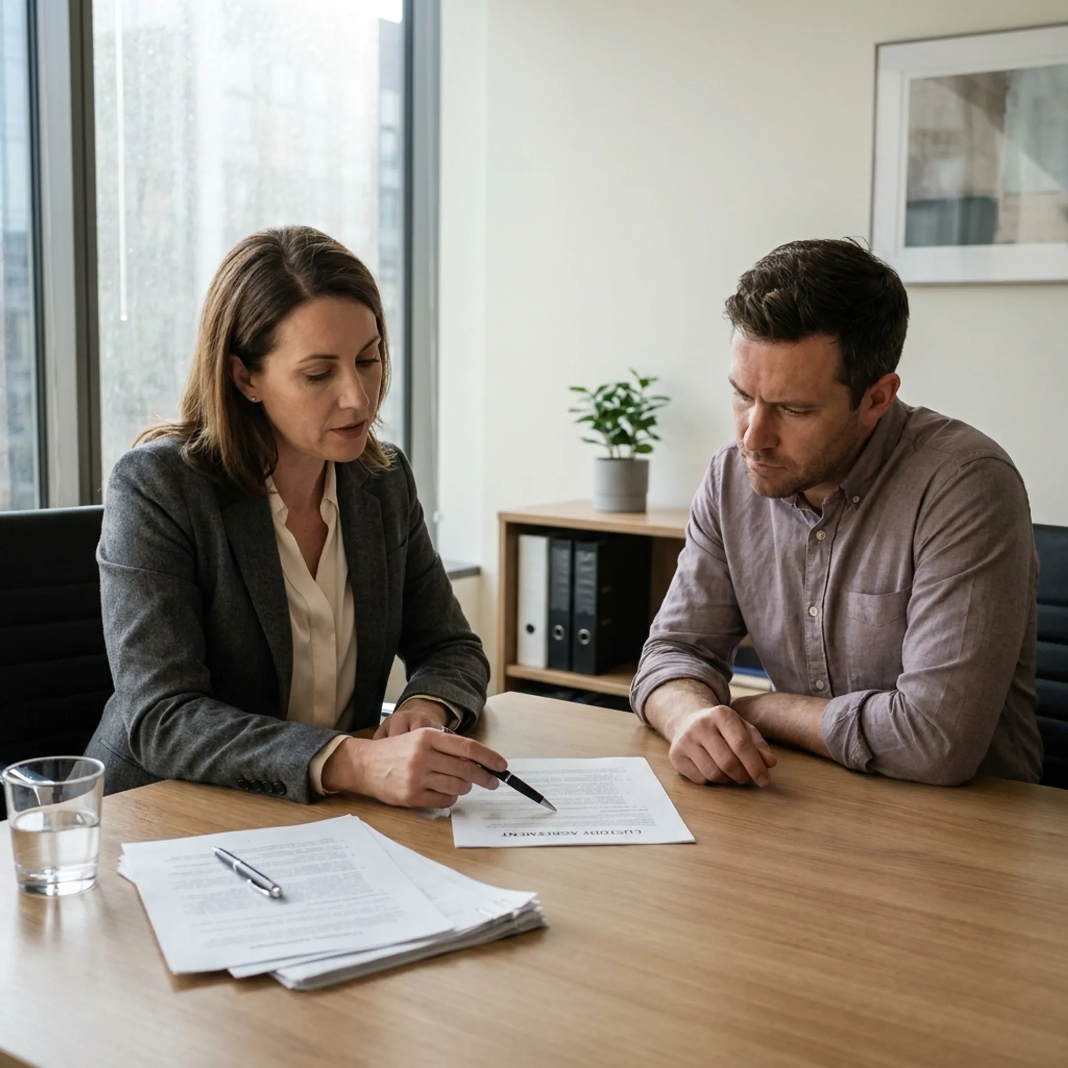 Child custody and visitation rights attorney consulting with a parent