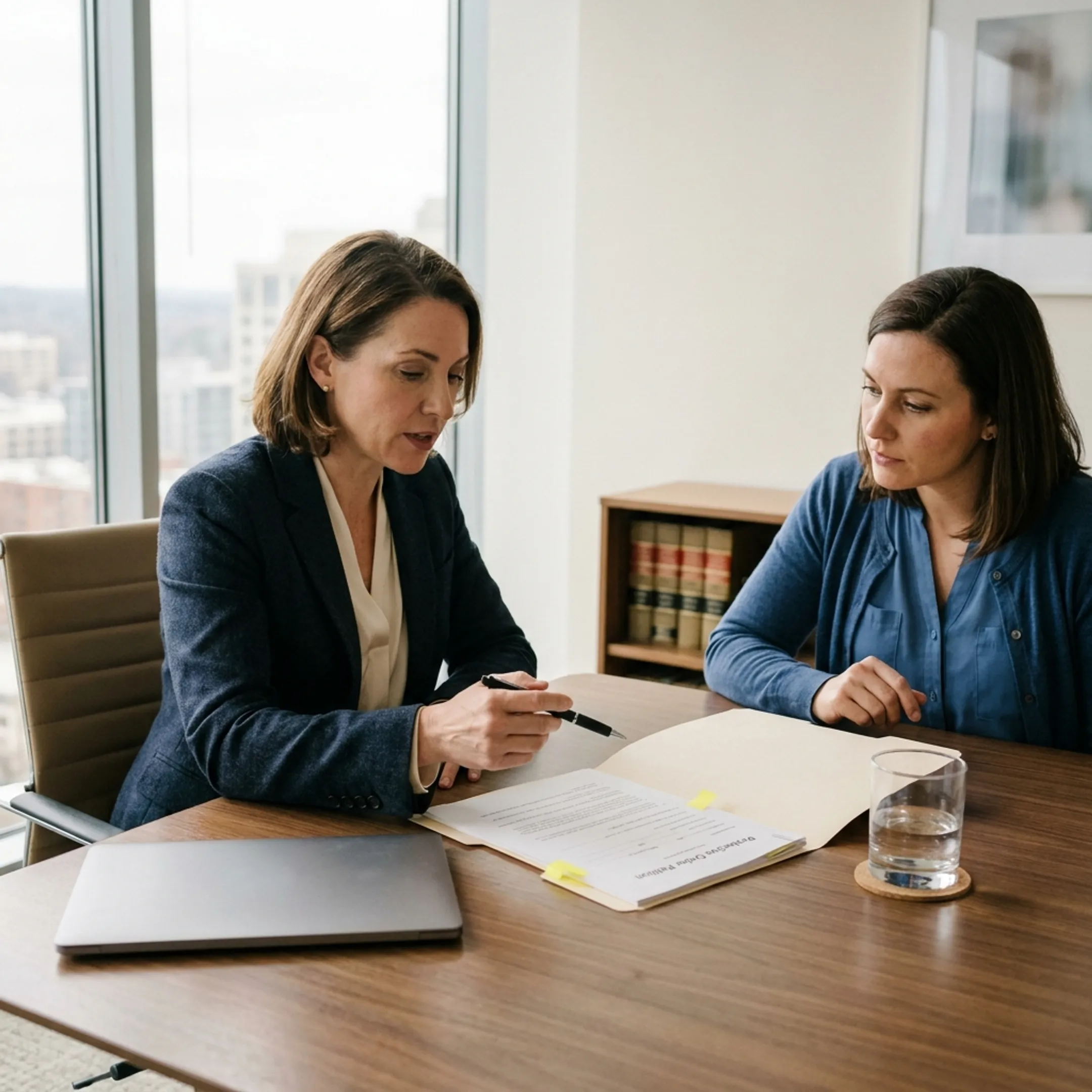 Protective and restraining order attorney discussing legal paperwork in an office setting
