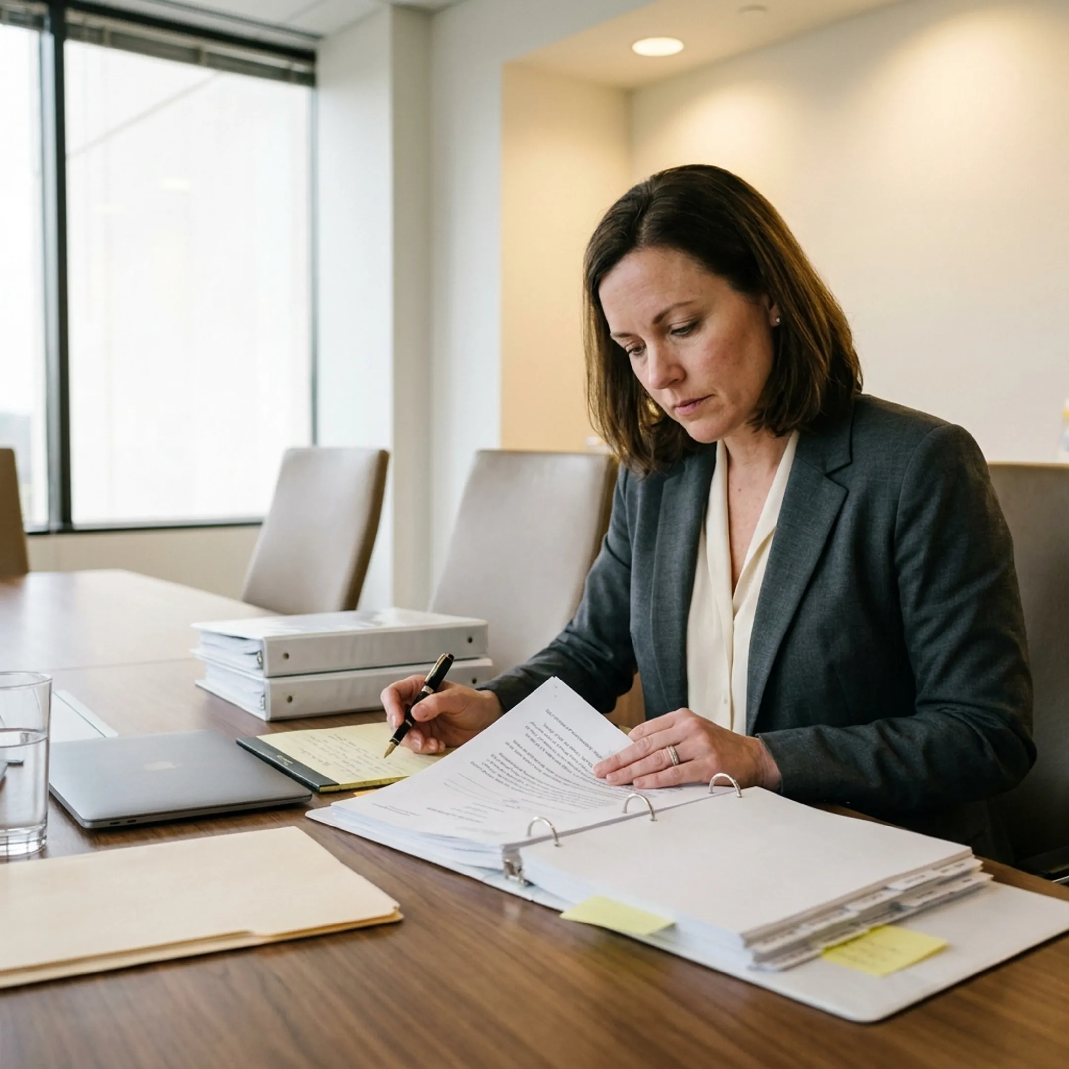 Attorney presenting legal documentation during a formal court preparation session
