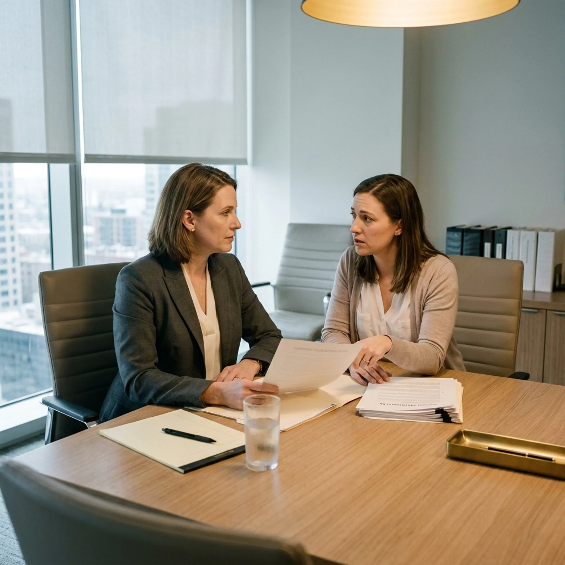 Family law attorney reviewing case files during client consultation