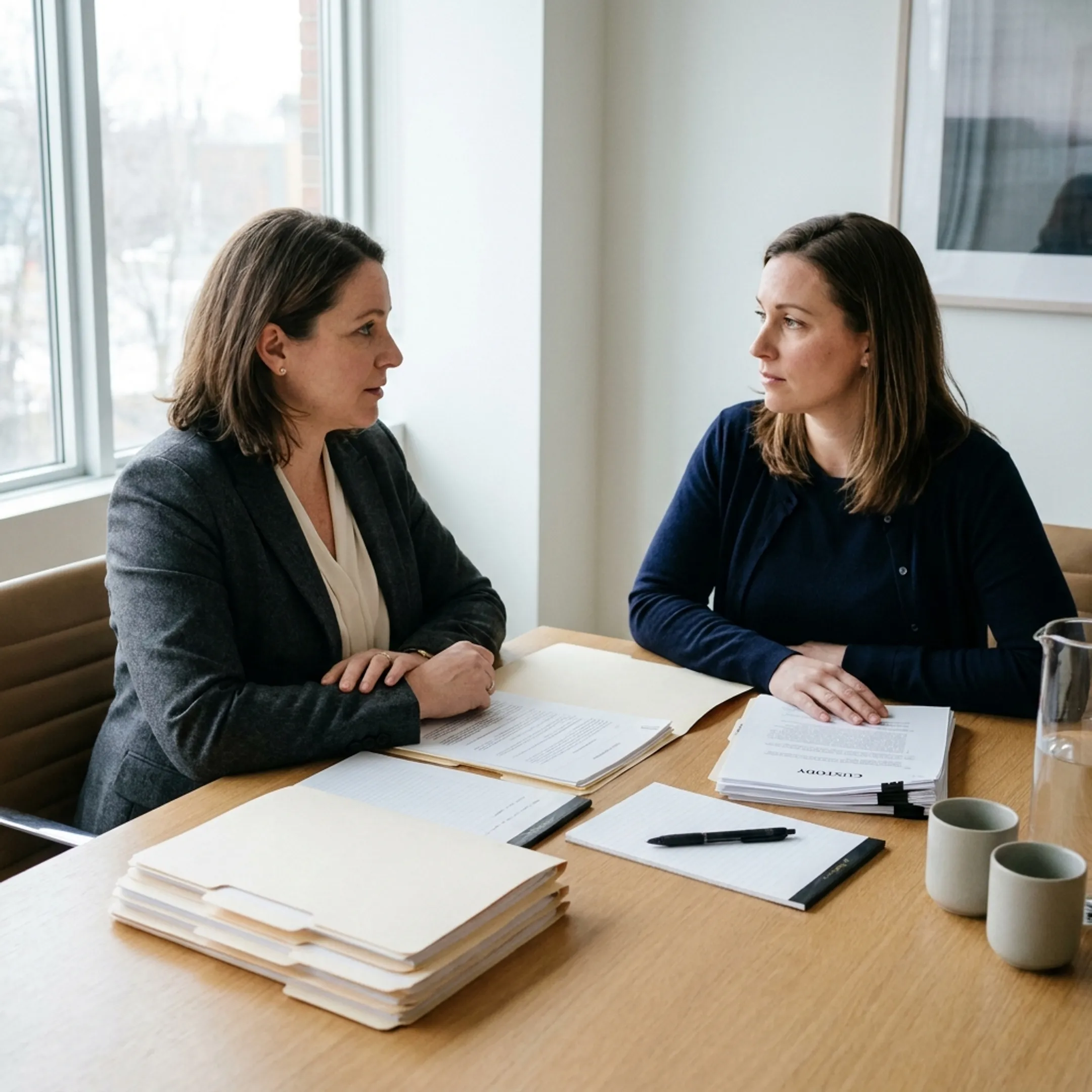 Family law attorney discussing divorce and custody matters with client