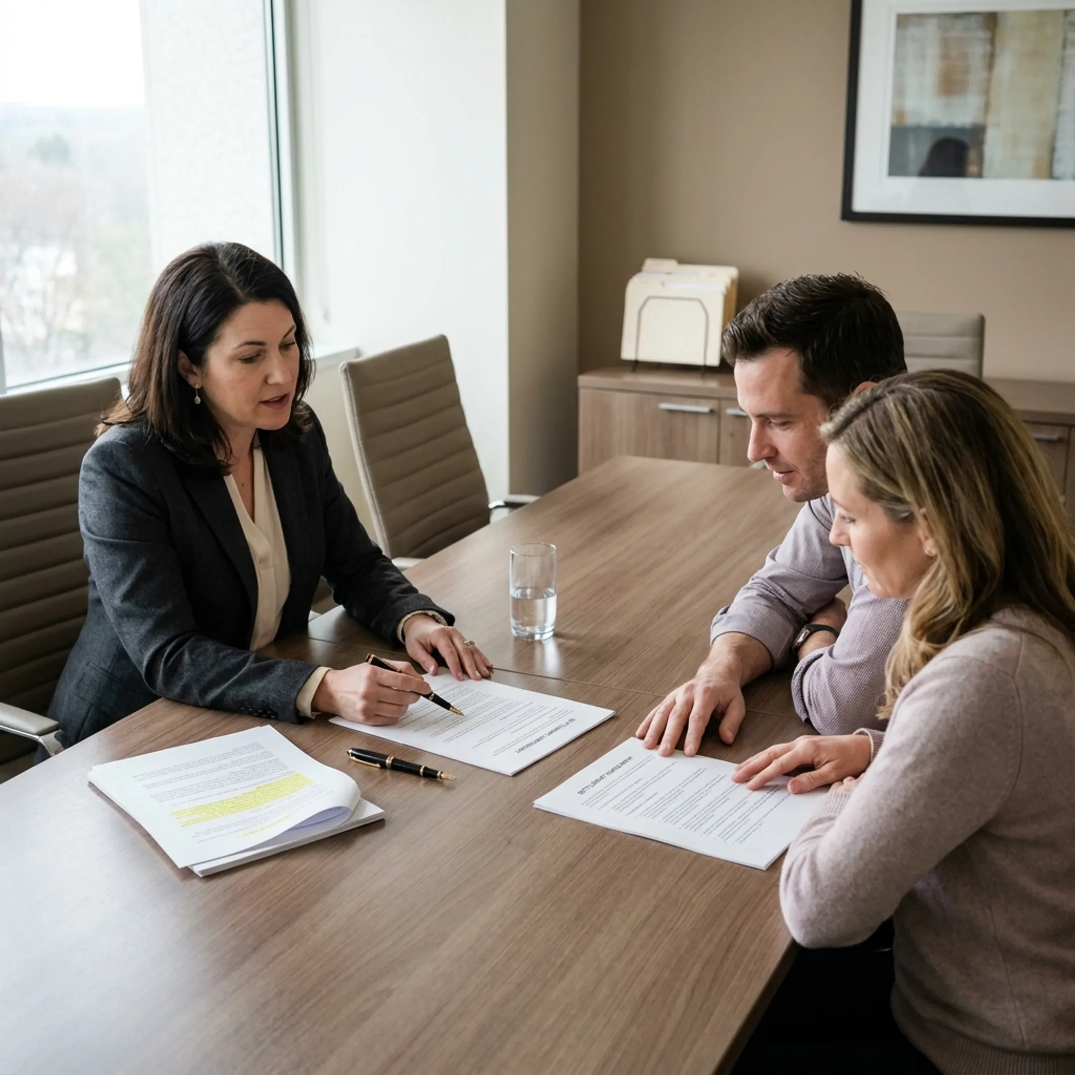 Attorney reviewing settlement documents with mediation clients