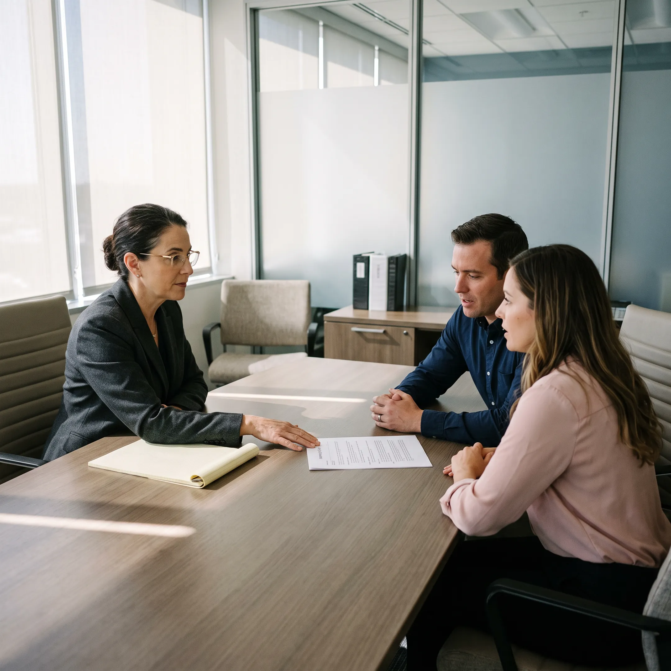 Family law attorney conducting a mediation session at a conference table