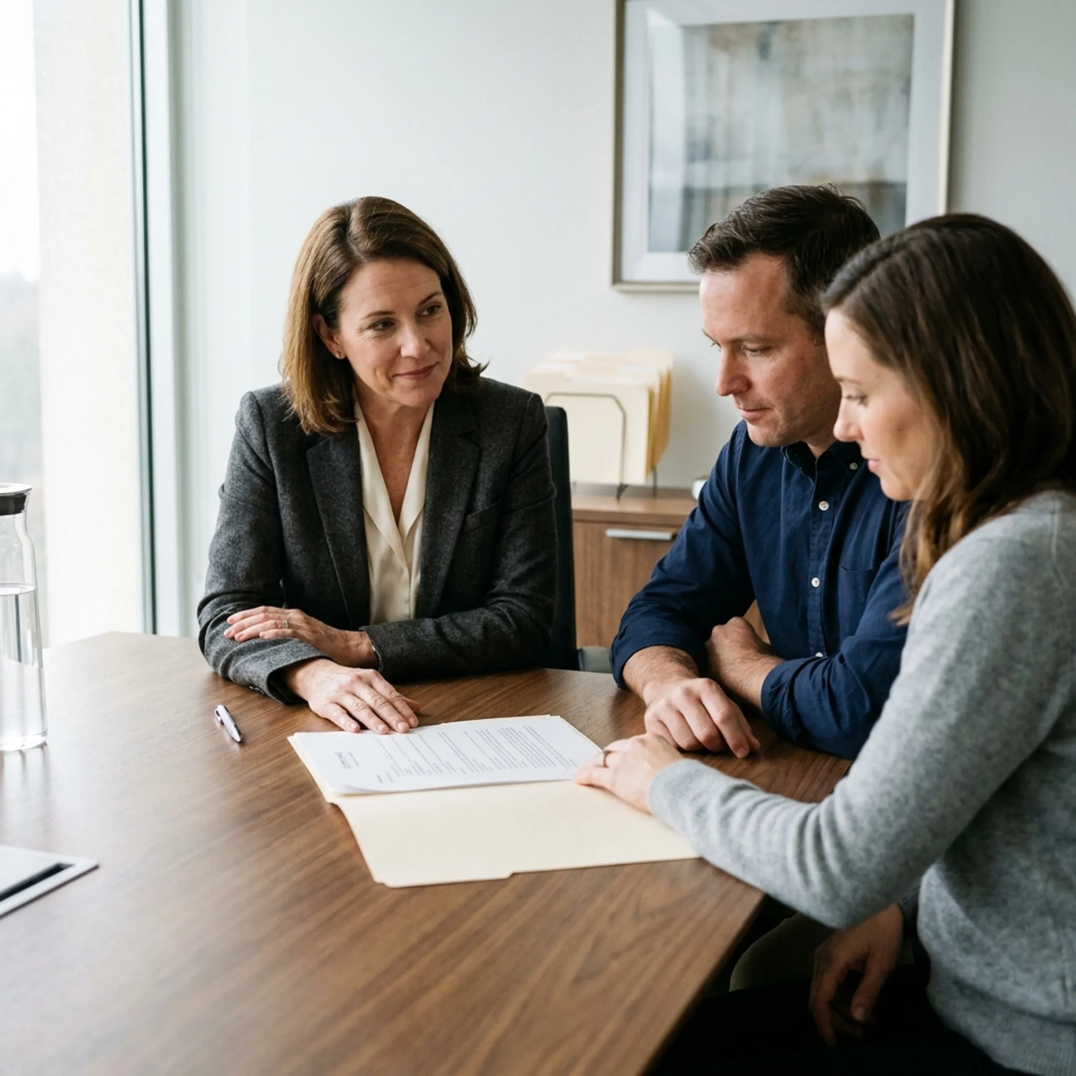 Divorce attorney and clients discussing uncontested settlement terms