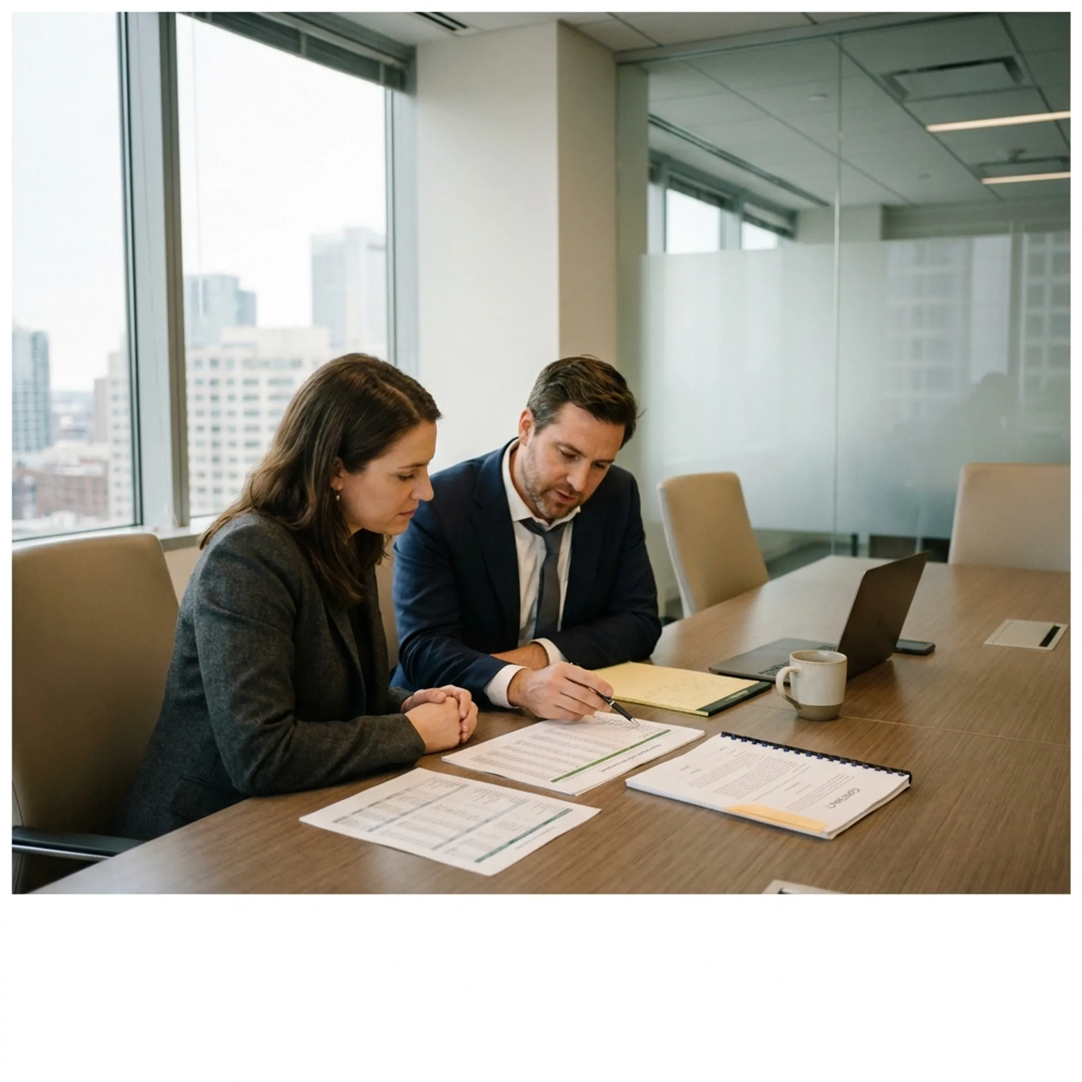 Legal team reviewing financial documents for property division