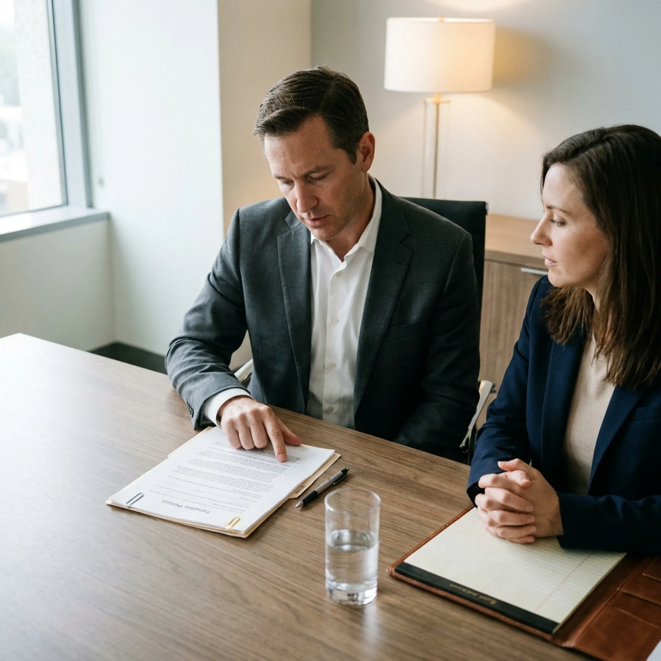 Paternity attorneys reviewing family law documentation with a client