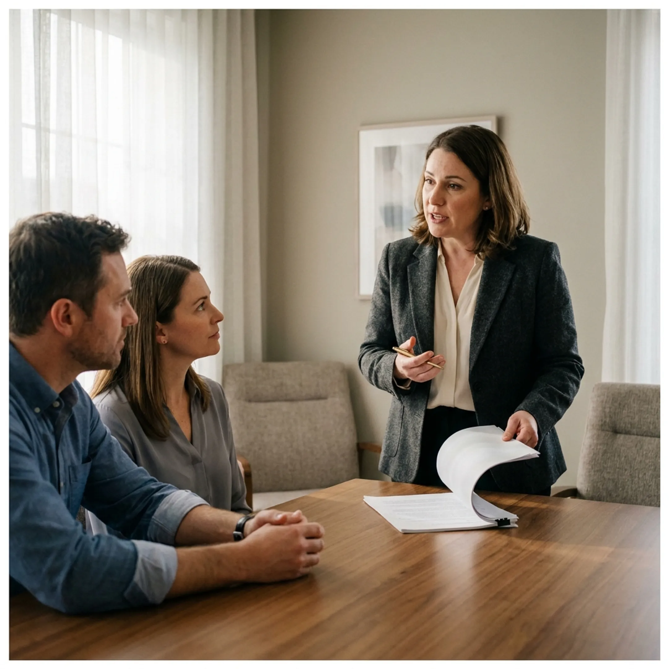 Mediator reviewing terms of a finalized settlement agreement with clients.