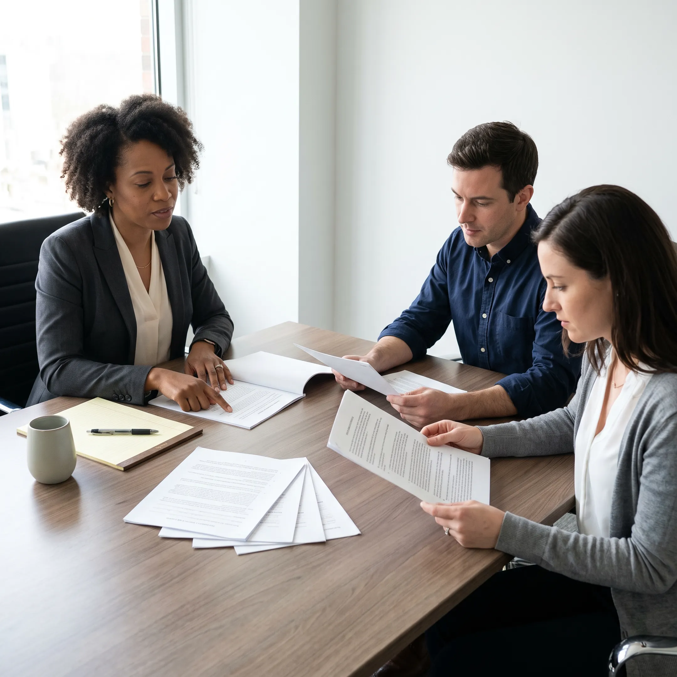 Professional mediator conducting a calm dispute resolution session with two parties.