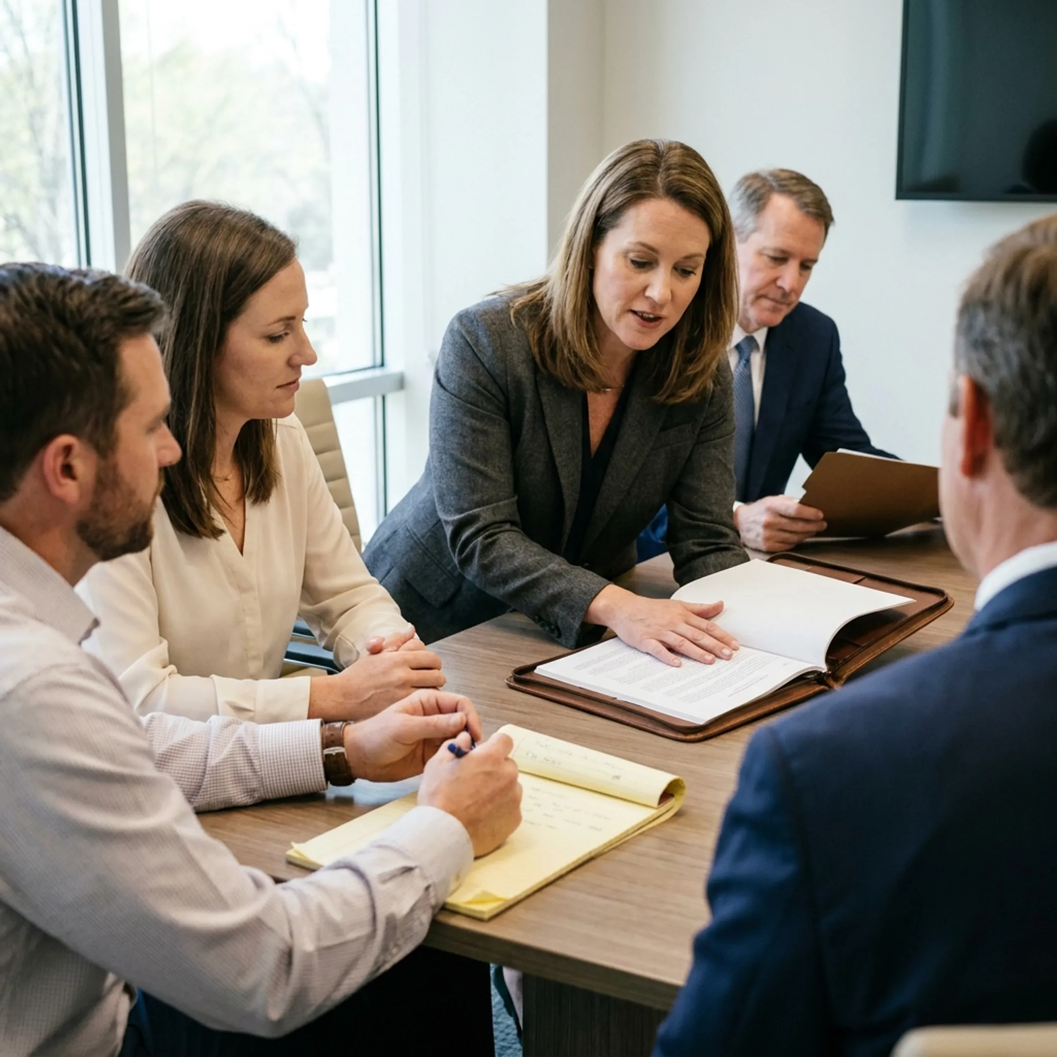 Divorce mediation session between spouses and legal counsel