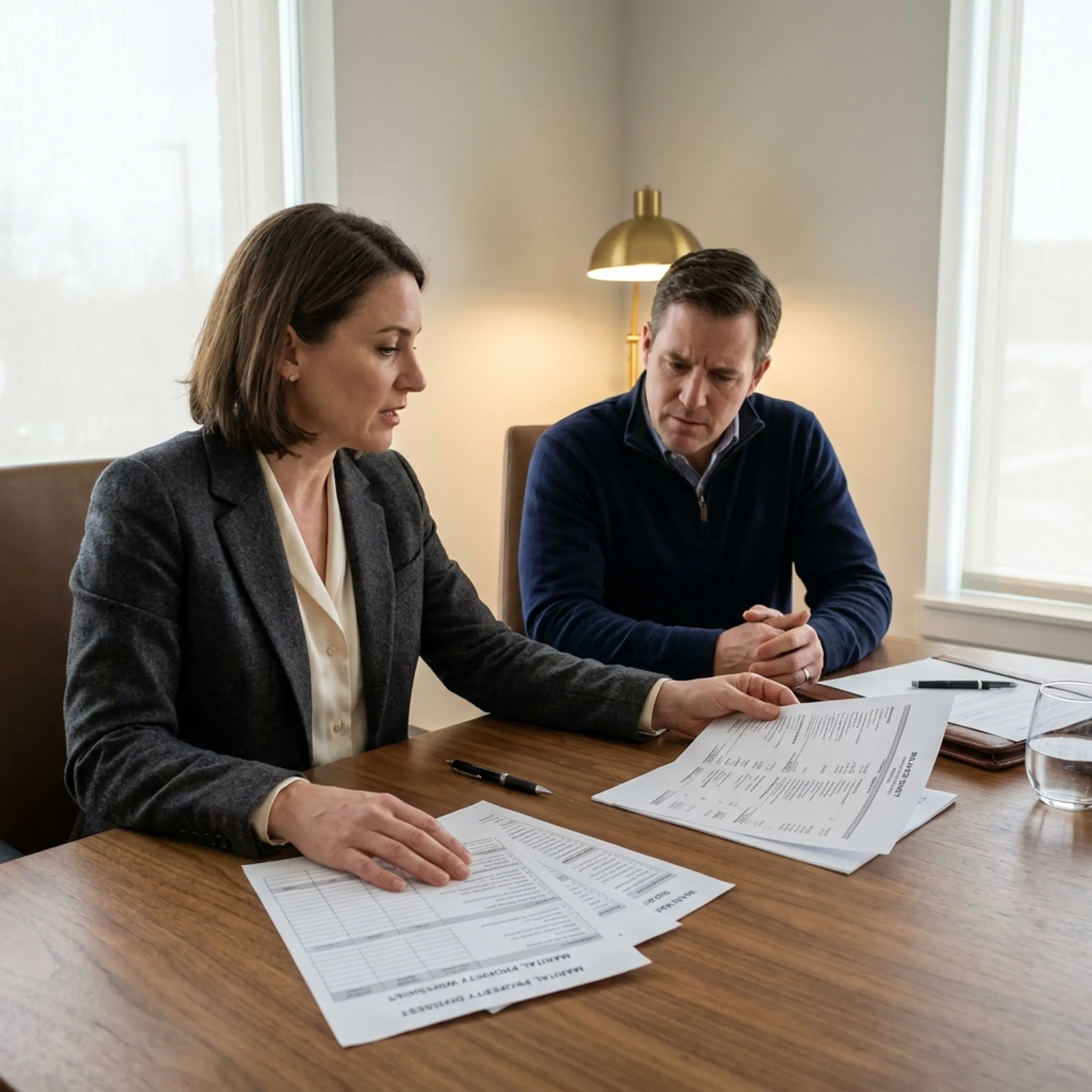 Legal counsel discussing asset division strategies with a client in a modern law office