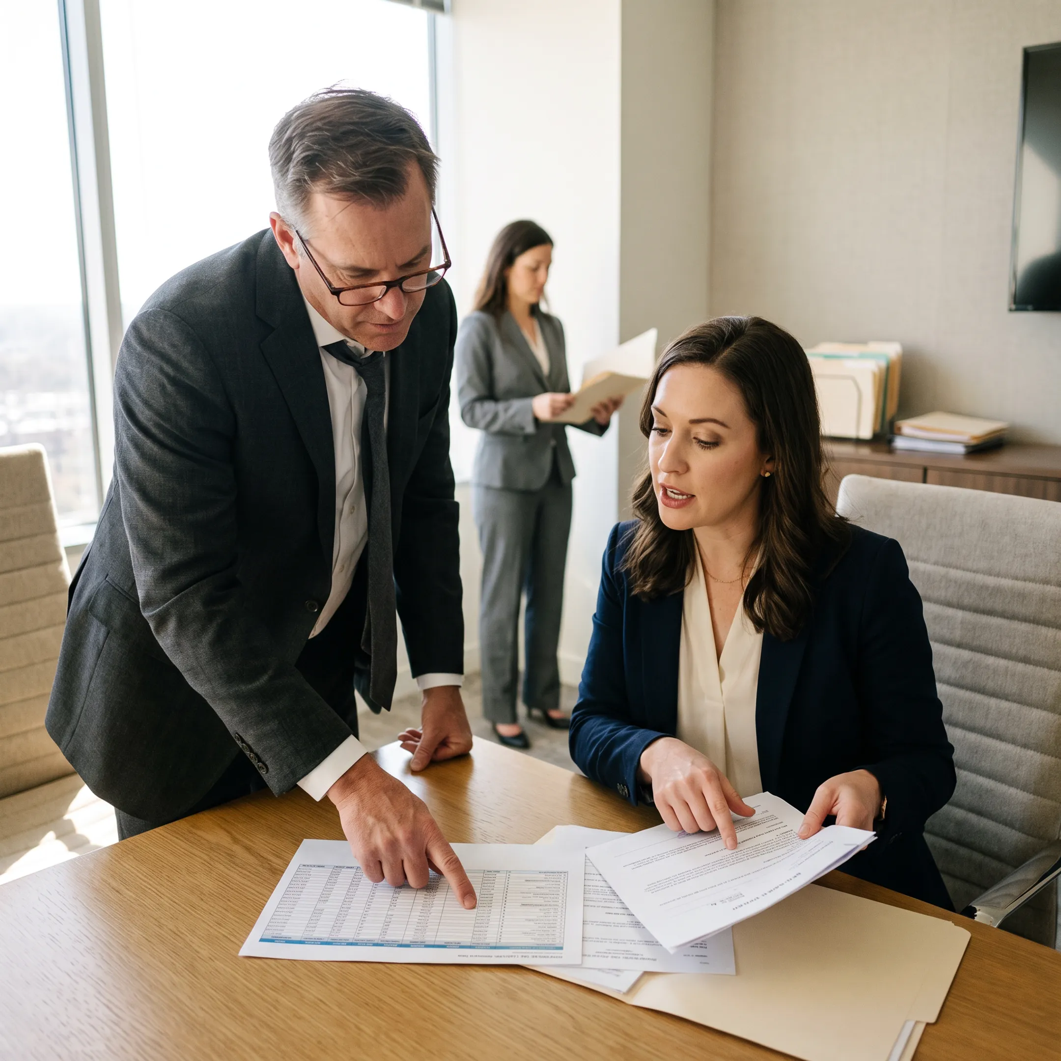 Property division attorneys reviewing marital financial records and property documents in an office