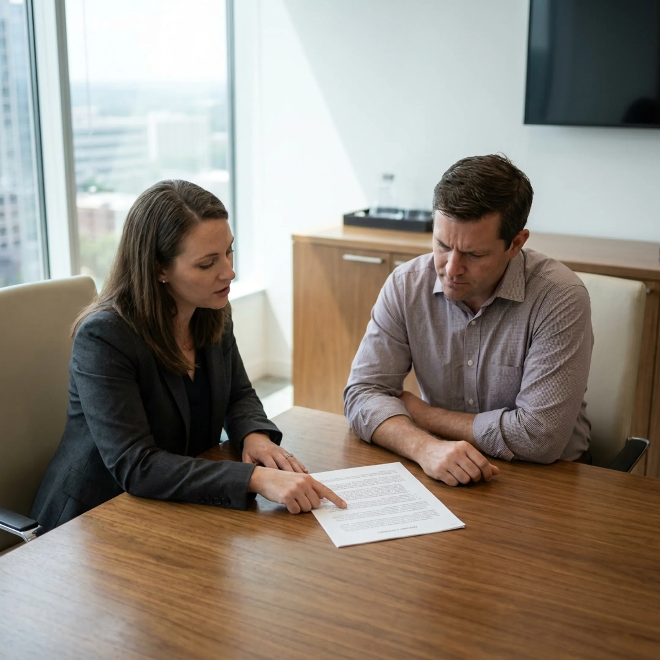 Father reviewing divorce legal paperwork alongside his attorney