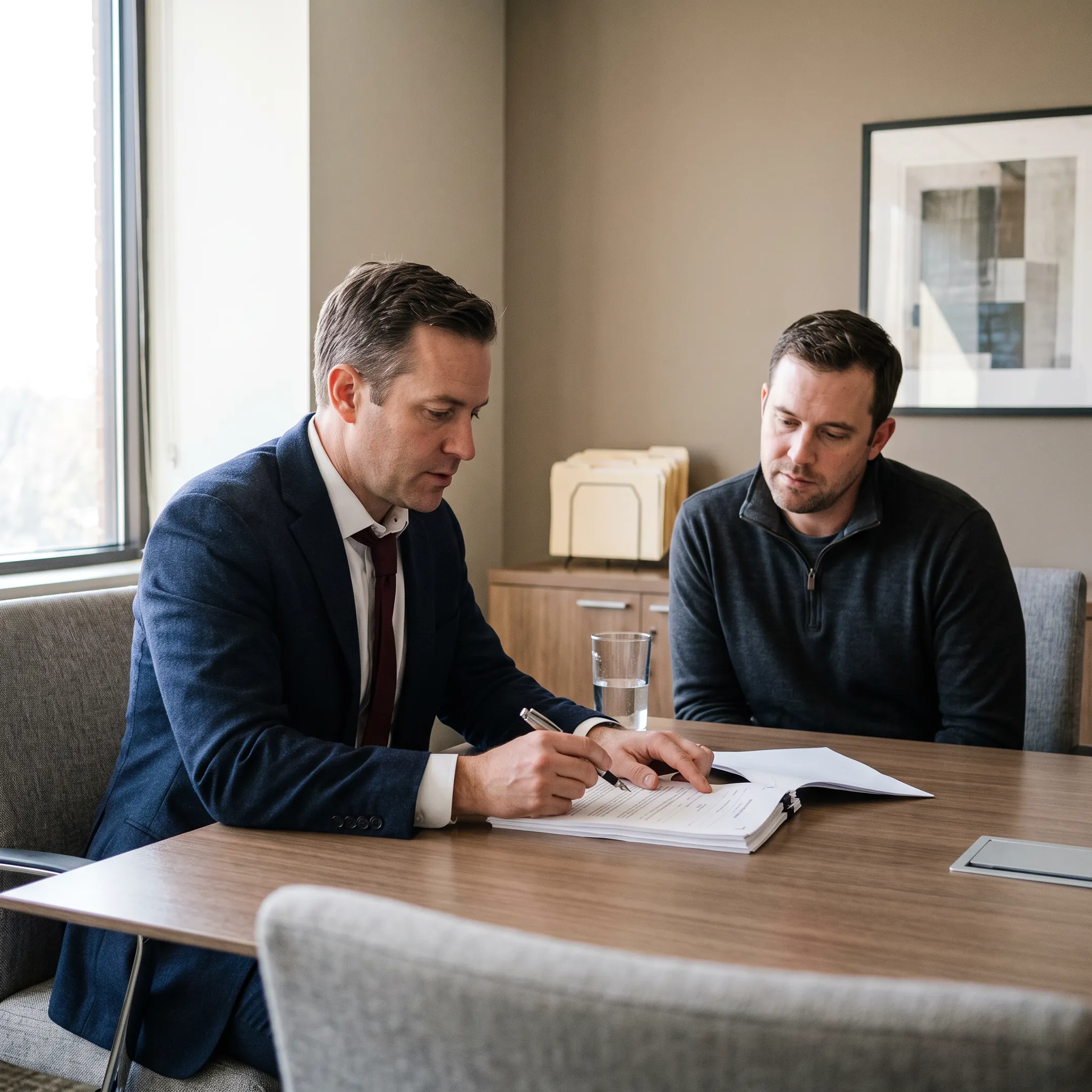 Fathers' rights divorce lawyers discussing case strategy in an office conference room