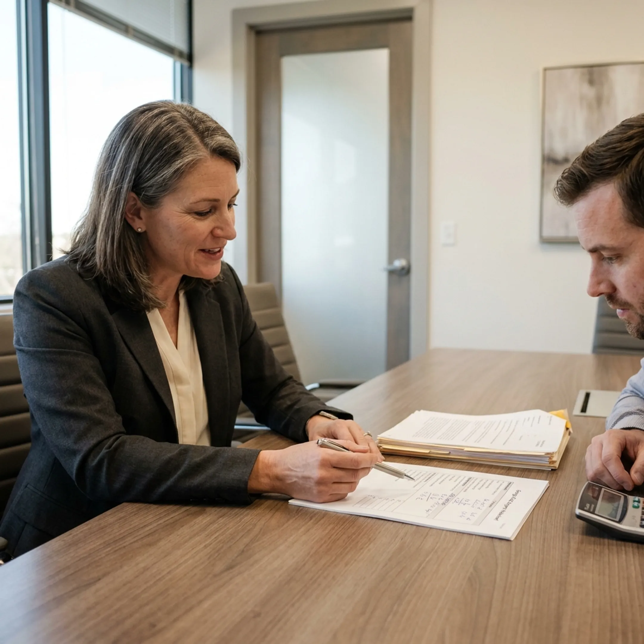 Child support attorney discussing legal documents with a parent in an office setting