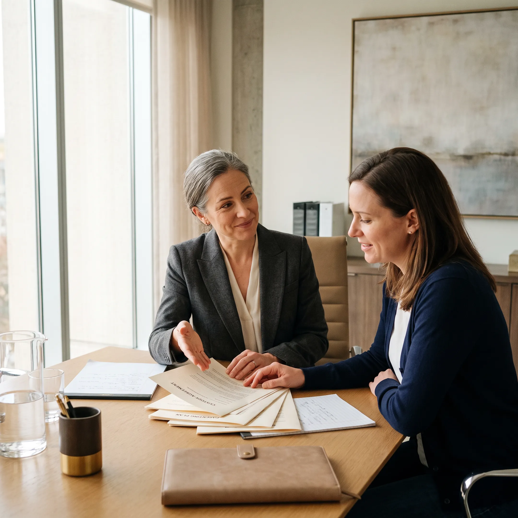 Experienced child custody lawyer consulting with a caring parent in an office.