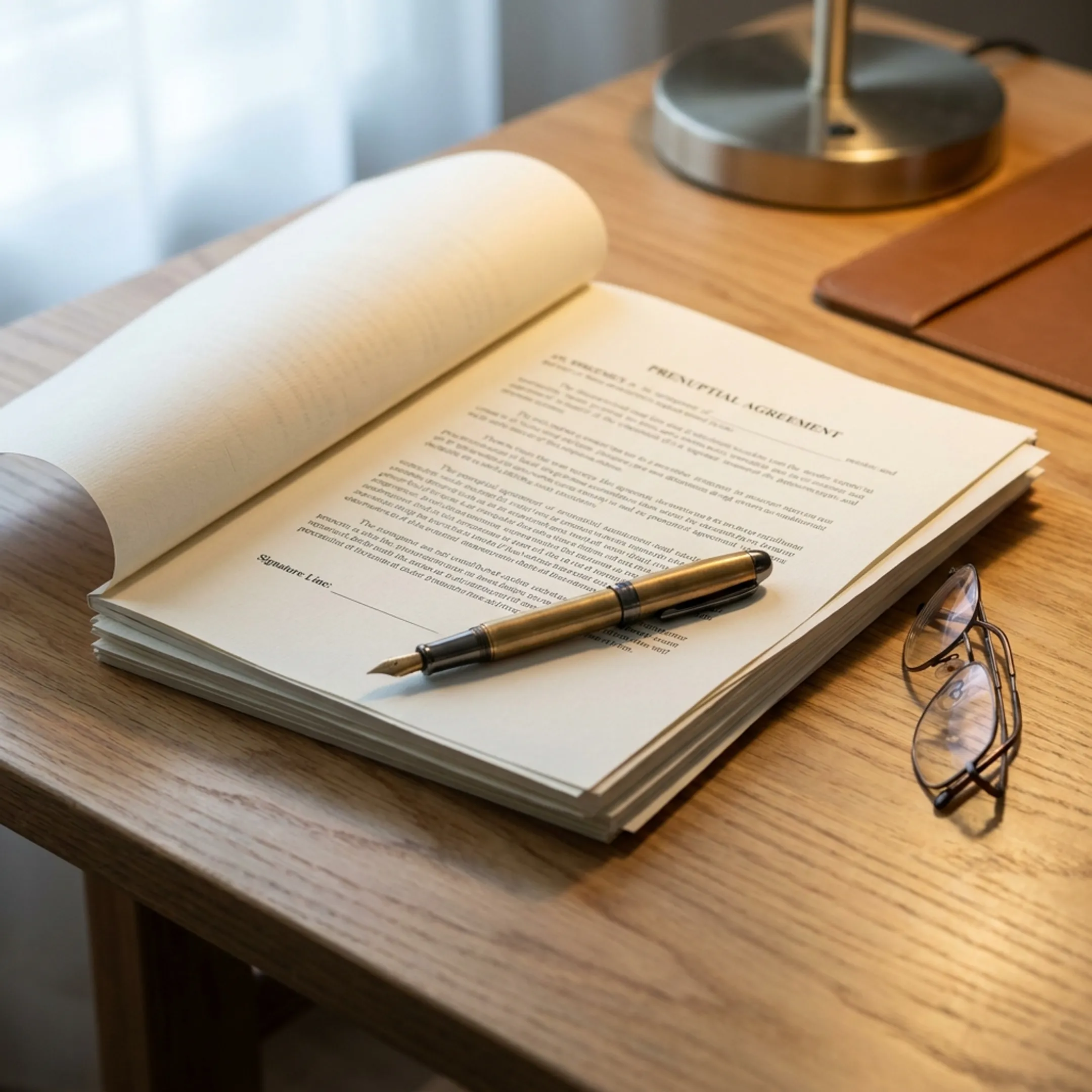 Legal documents for a prenuptial agreement with pen on a desk