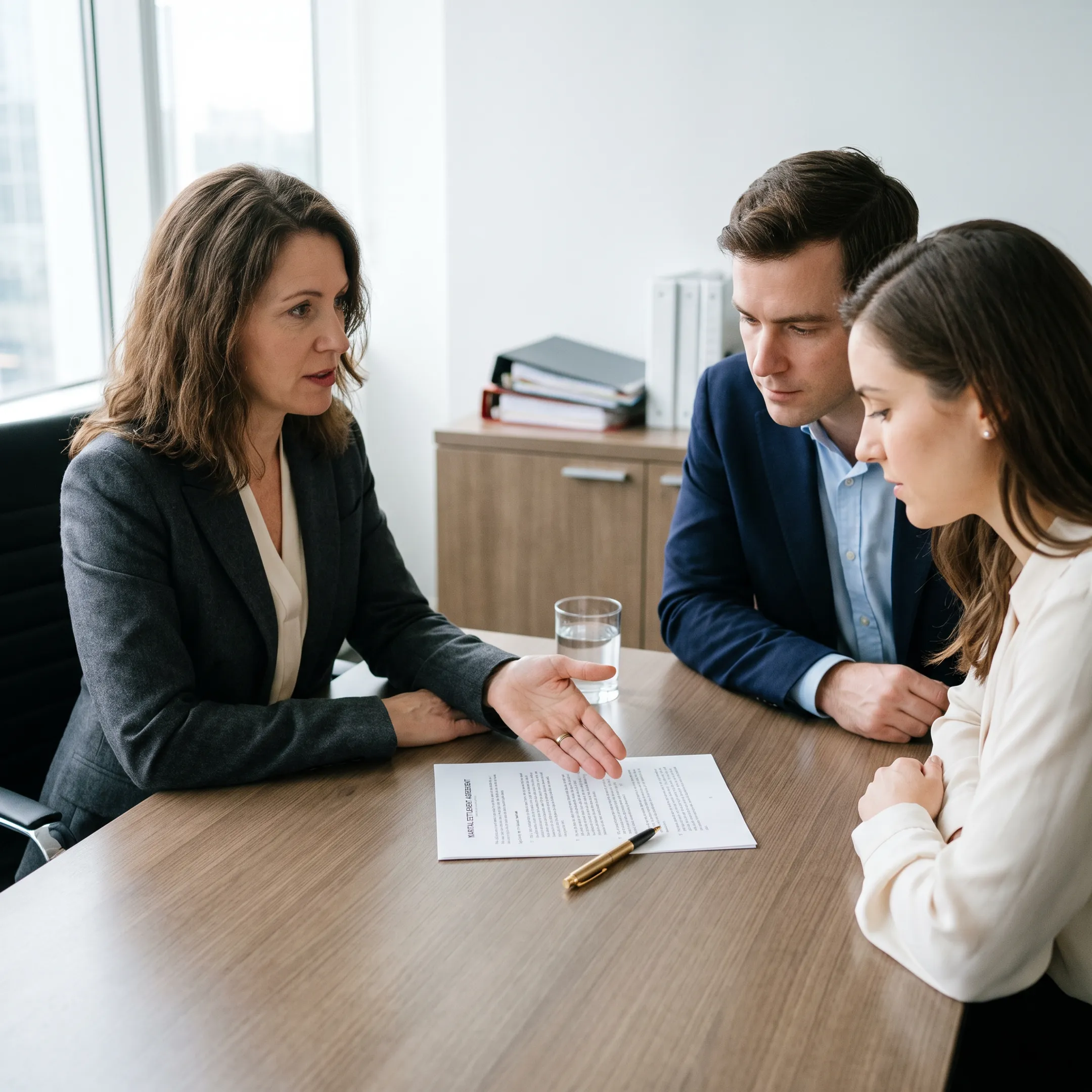 Prenup lawyers discussing a marital agreement with clients in an office