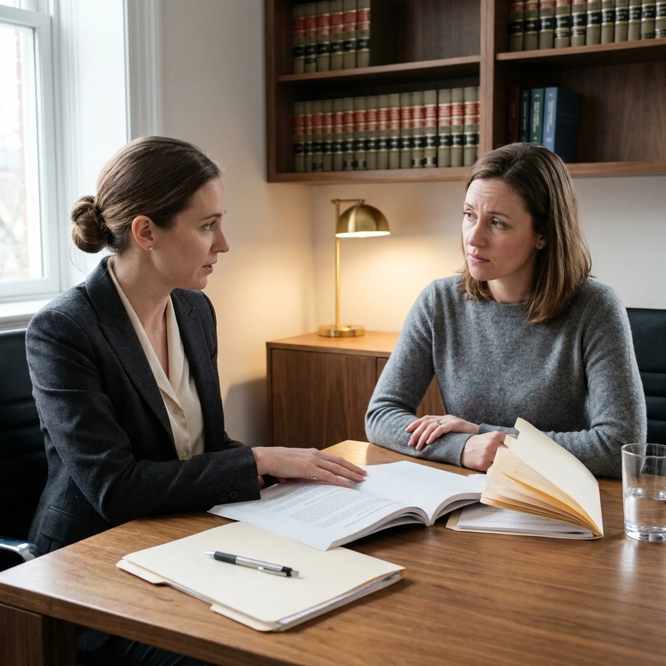 Family law attorney reviewing legal documents during a client consultation