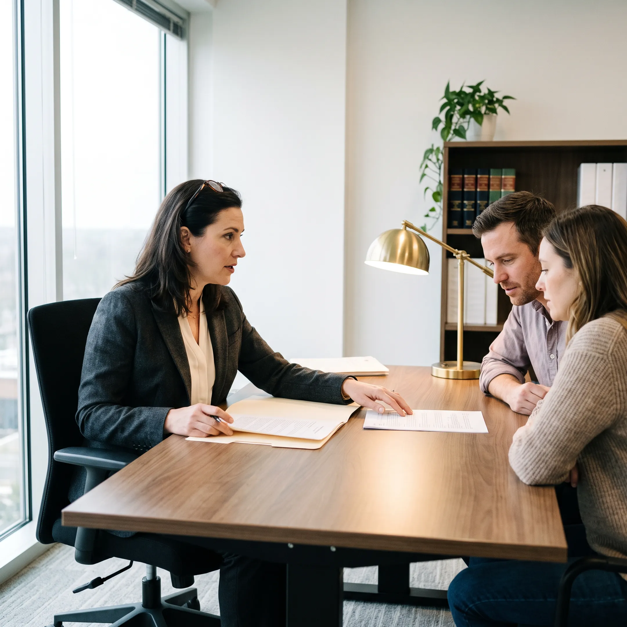 Family law attorney consulting with clients in a professional office setting