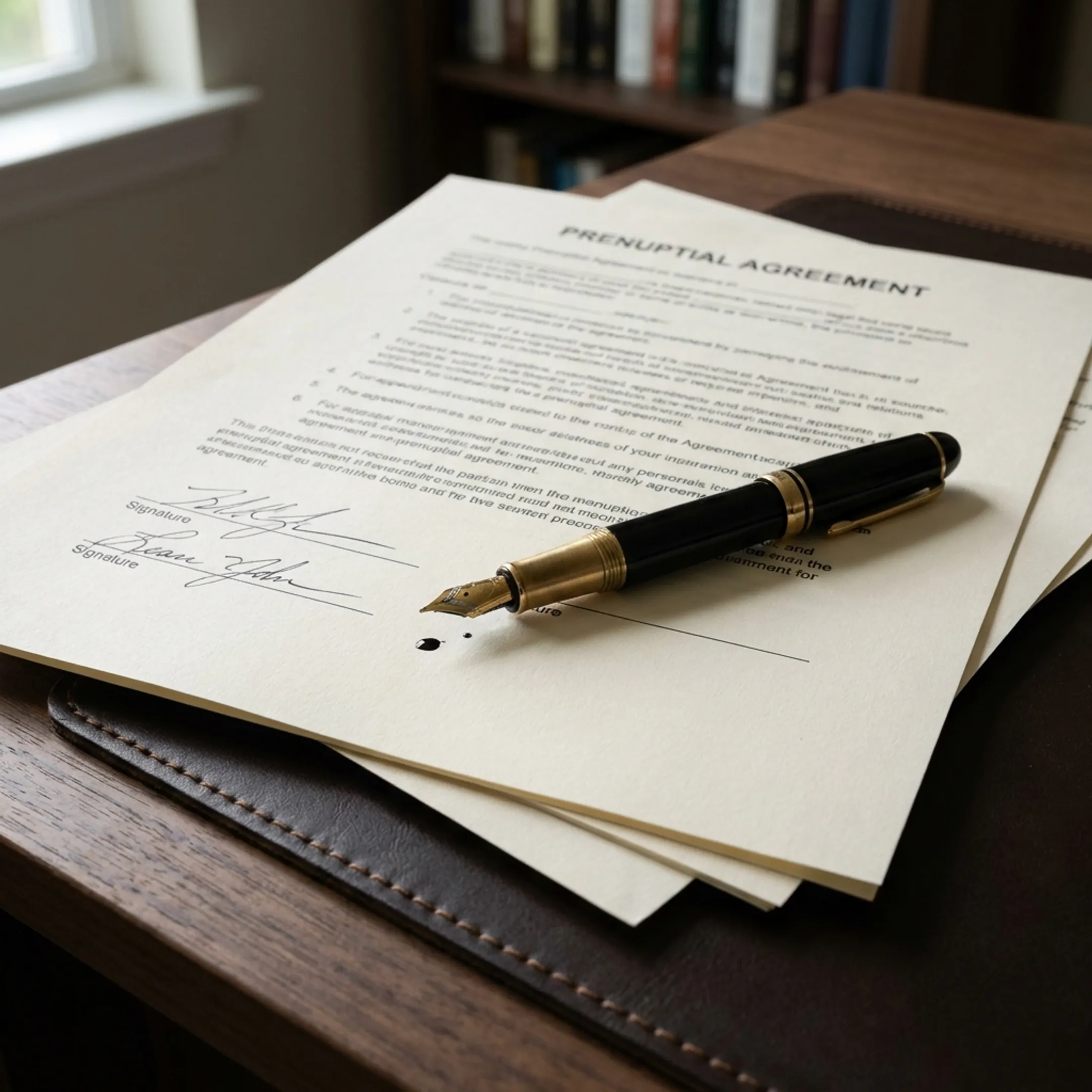 Legal contract documents for prenuptial agreement on office desk