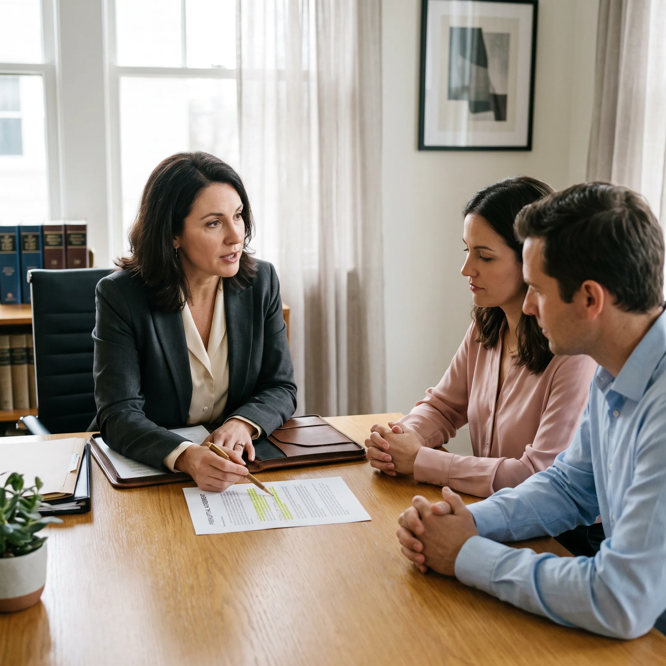 Attorney reviewing prenuptial agreement documents with clients