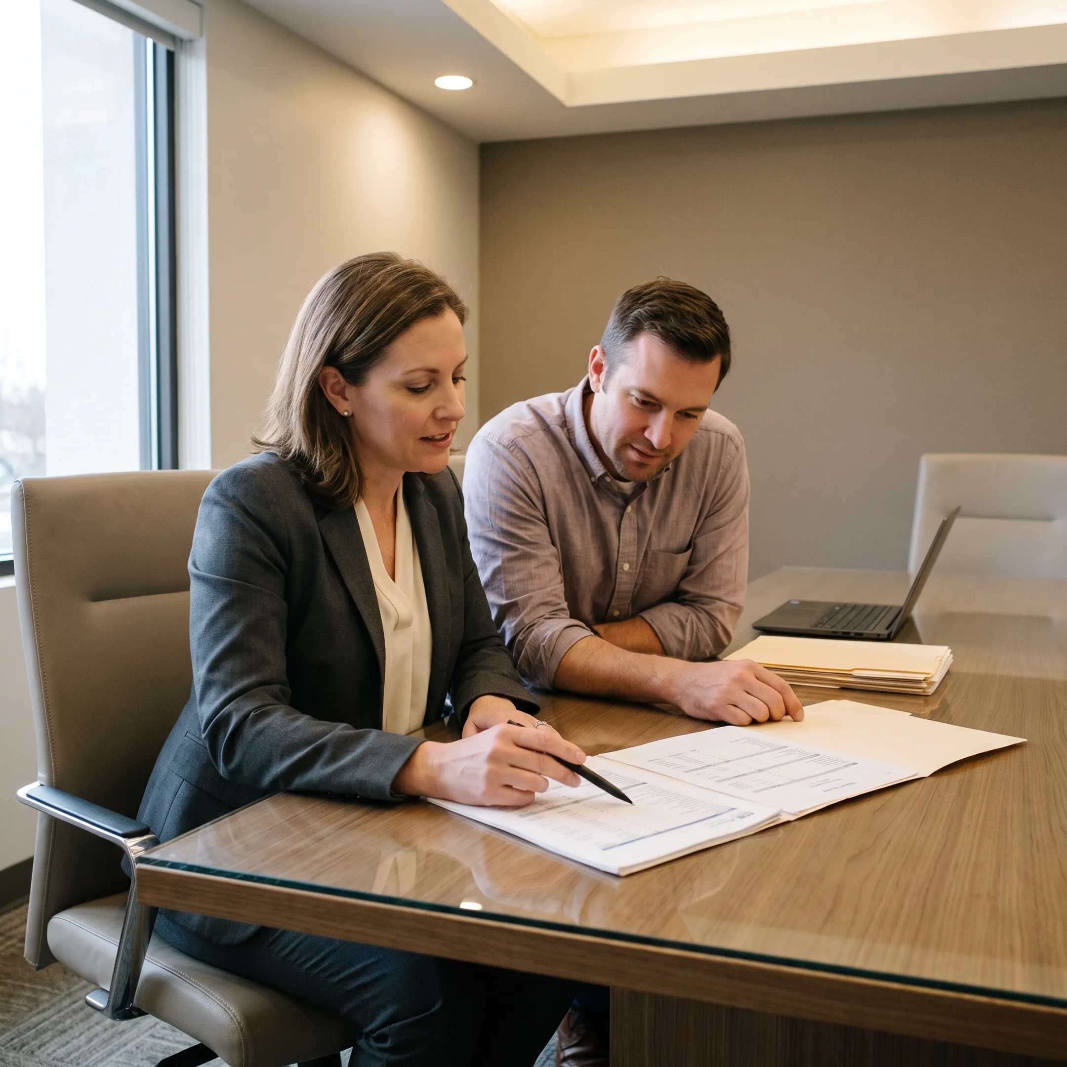 Child support attorney discussing legal documents with a client in a consultation office