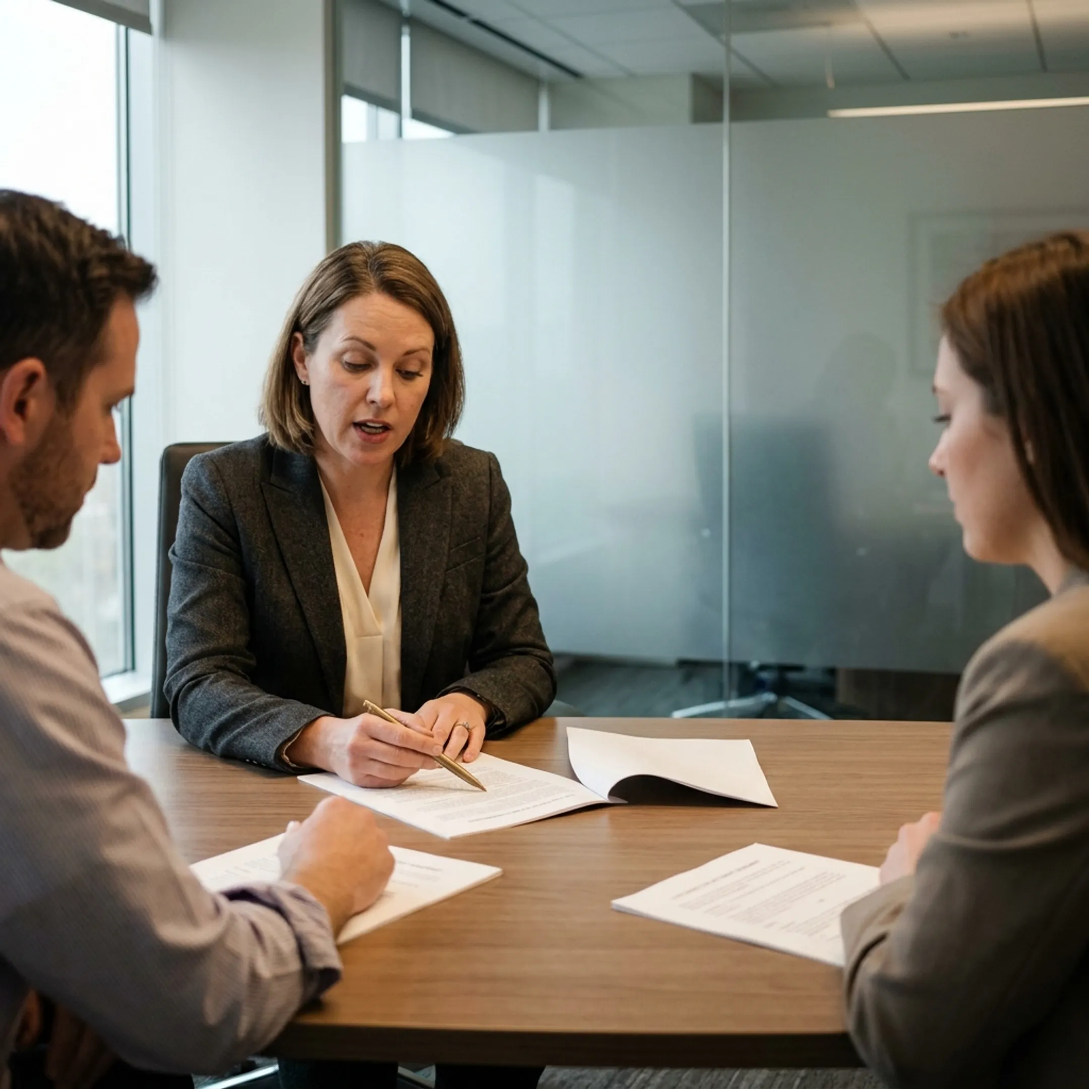 Family law attorney reviewing mediation paperwork with clients