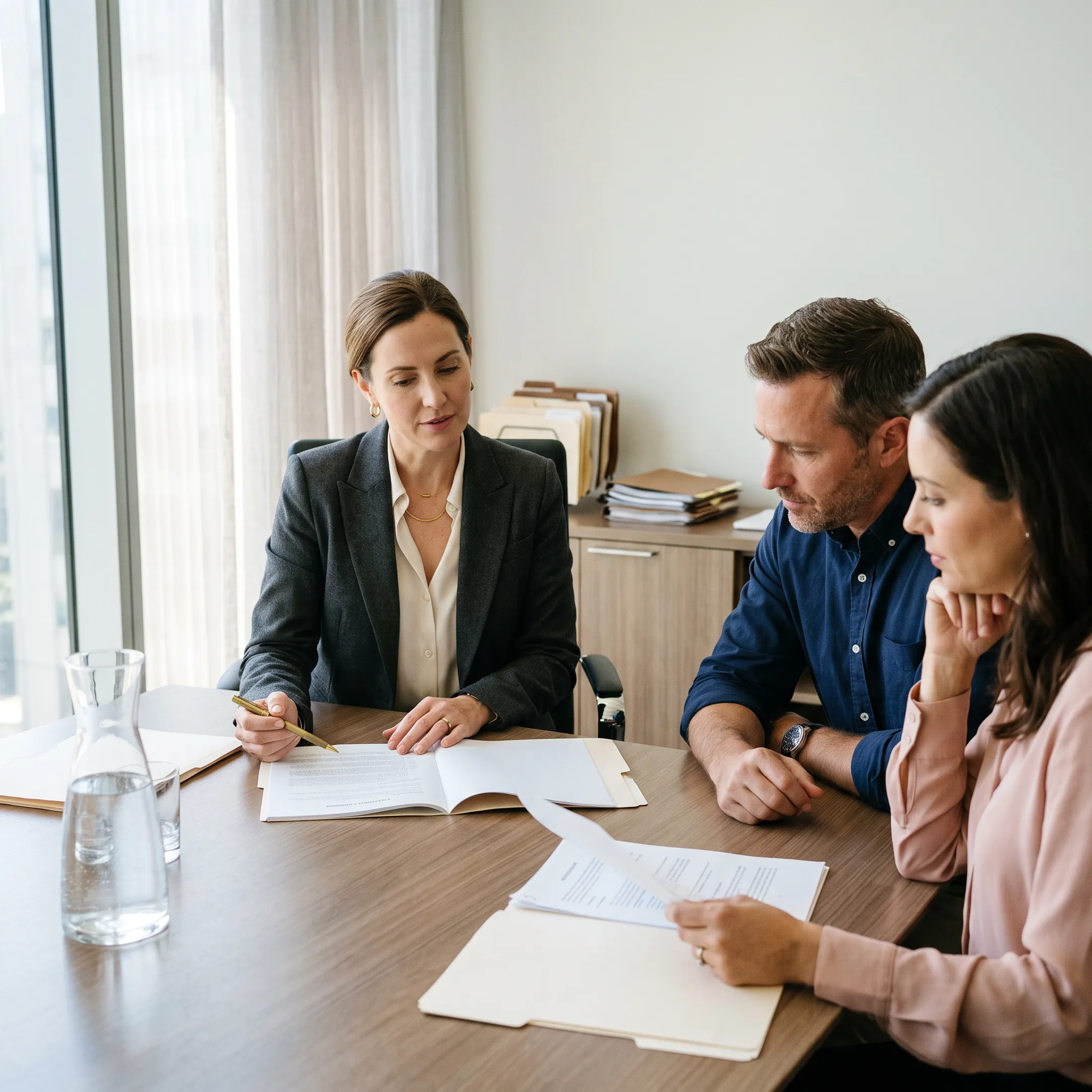 Spouses participating in divorce mediation with their lawyer