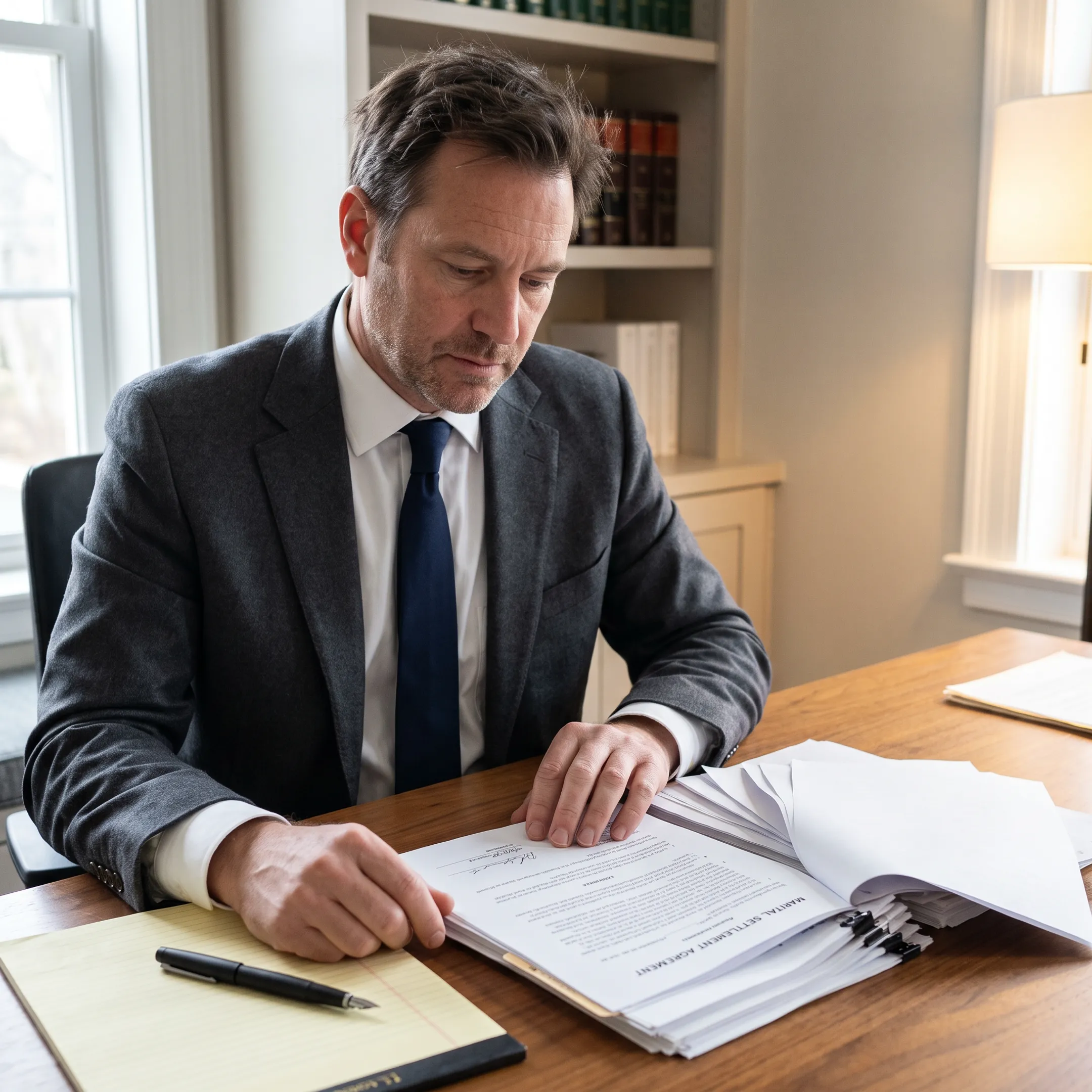 Uncontested divorce lawyer reviewing separation agreement documents