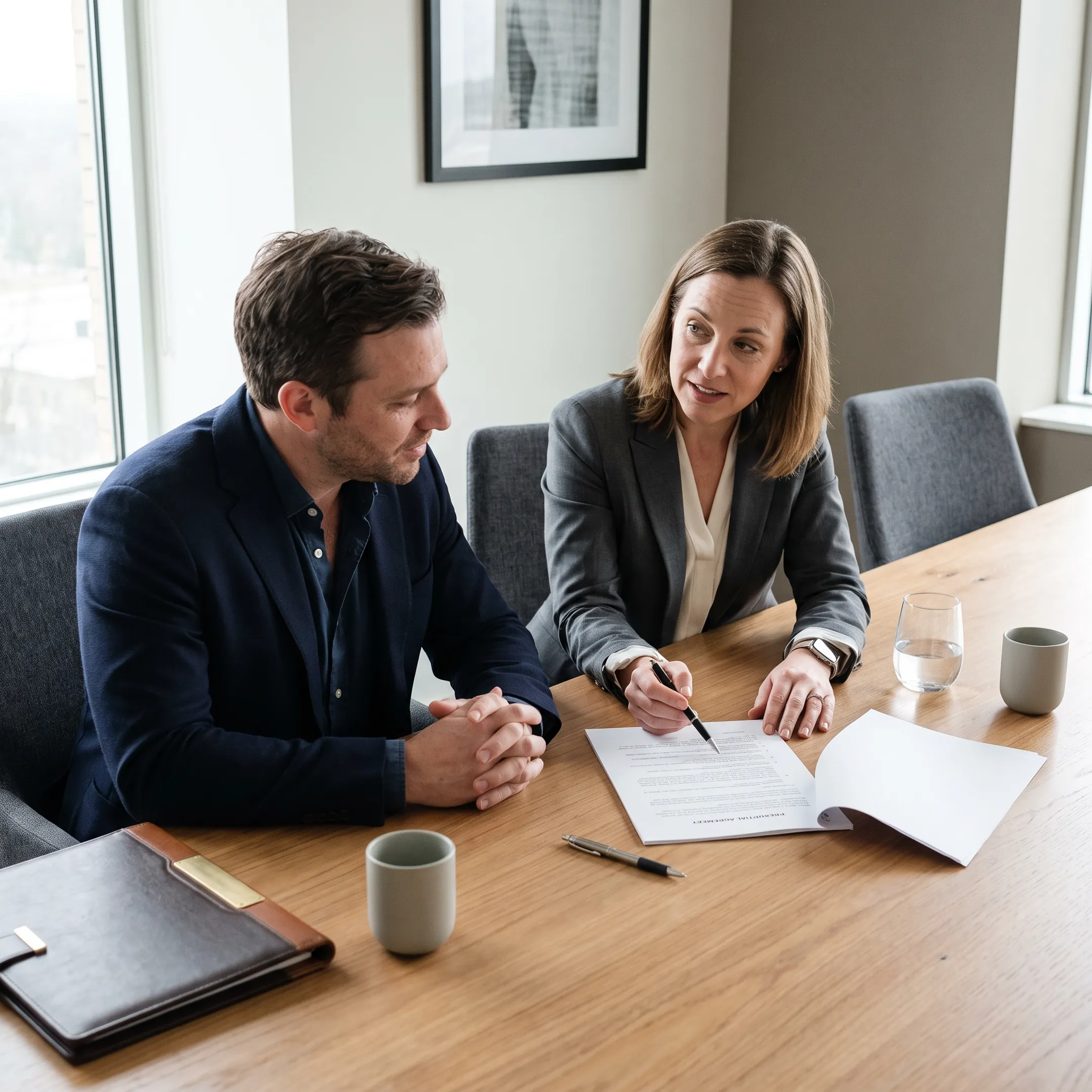 Family law attorney reviewing marital agreement documents with clients