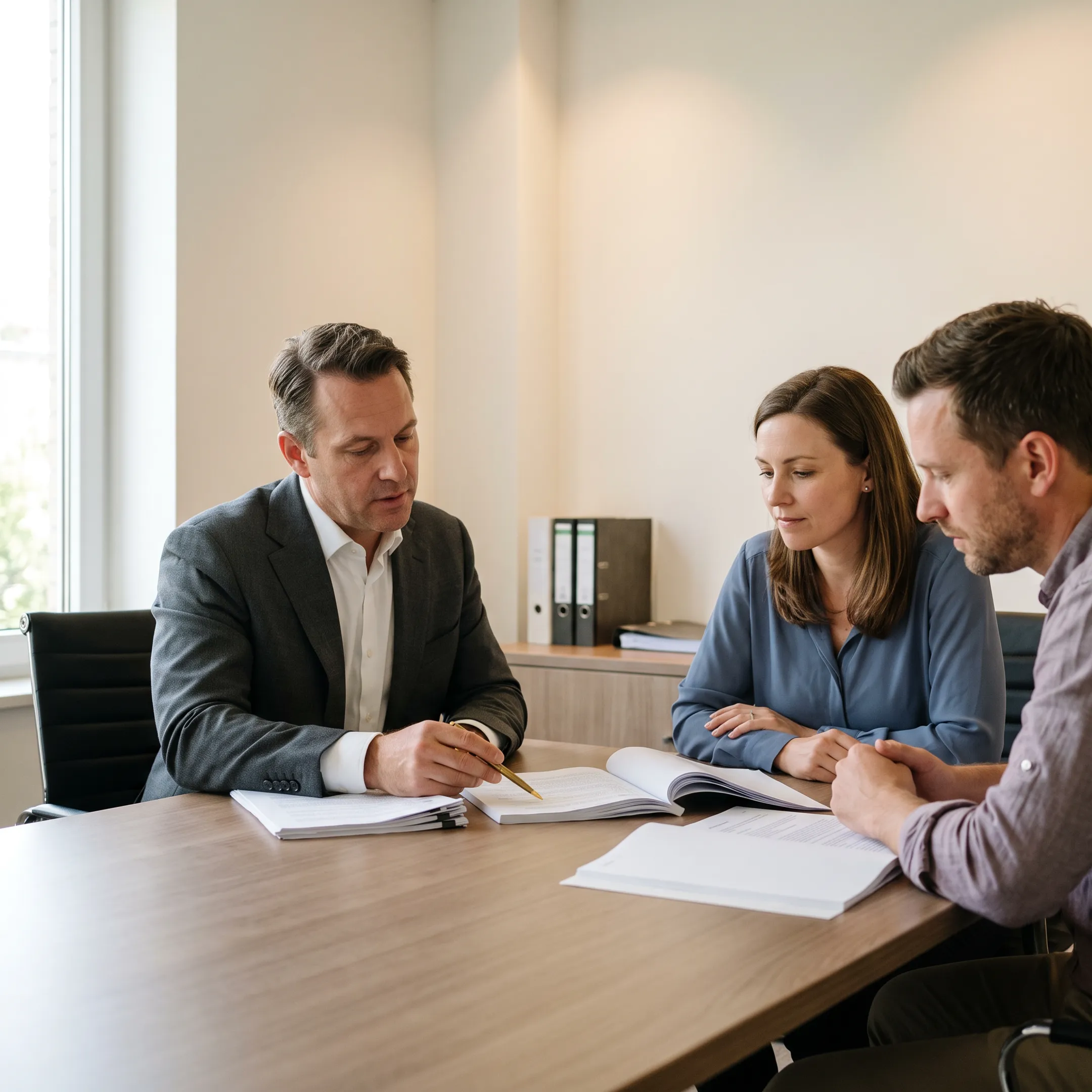 Uncontested divorce attorney reviewing settlement paperwork with clients in Georgia