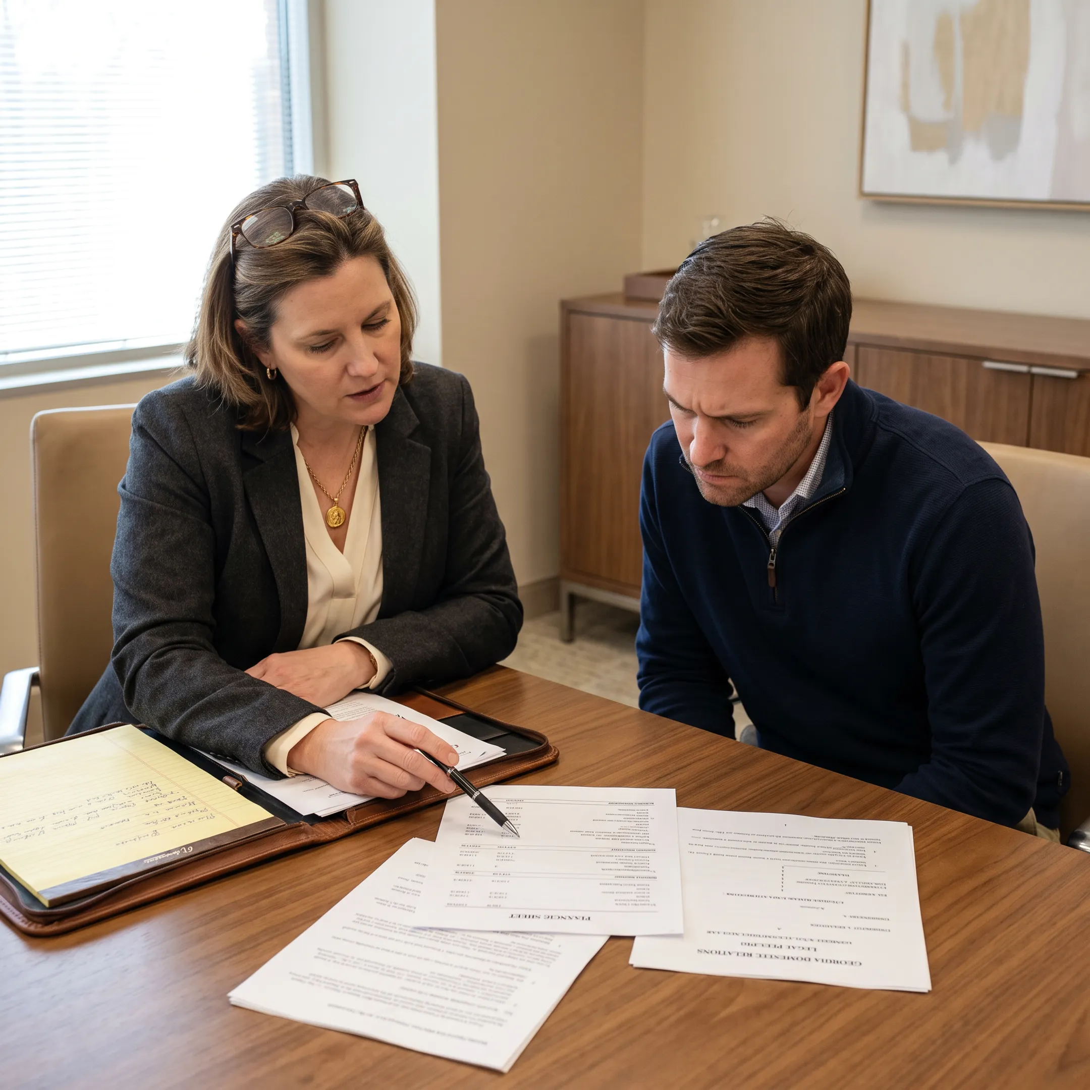 Spousal support lawyer reviewing domestic legal agreements with a client in a modern office
