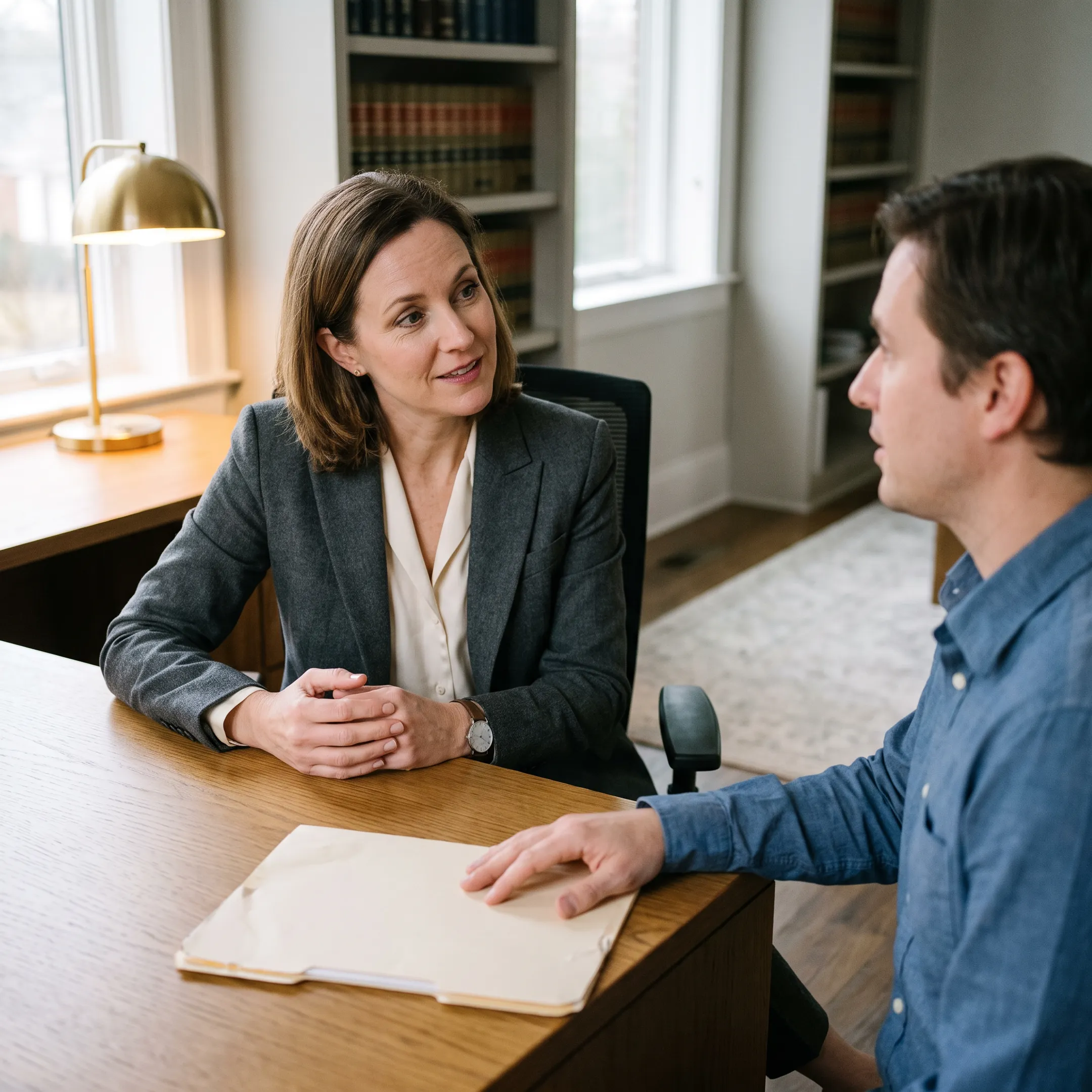 Family law attorney consulting with a client in a private office setting