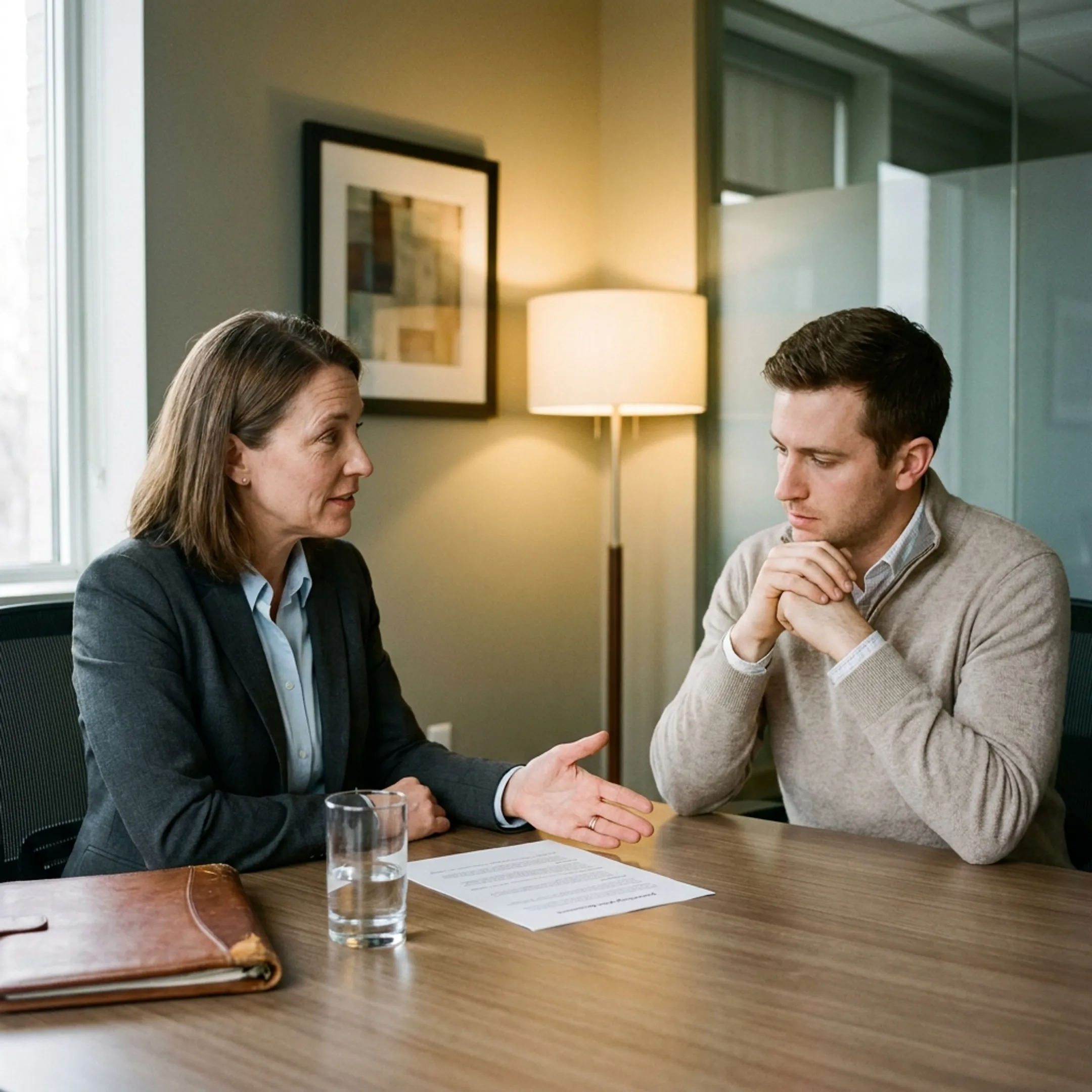 Attorney explaining child custody strategy to a client in an office