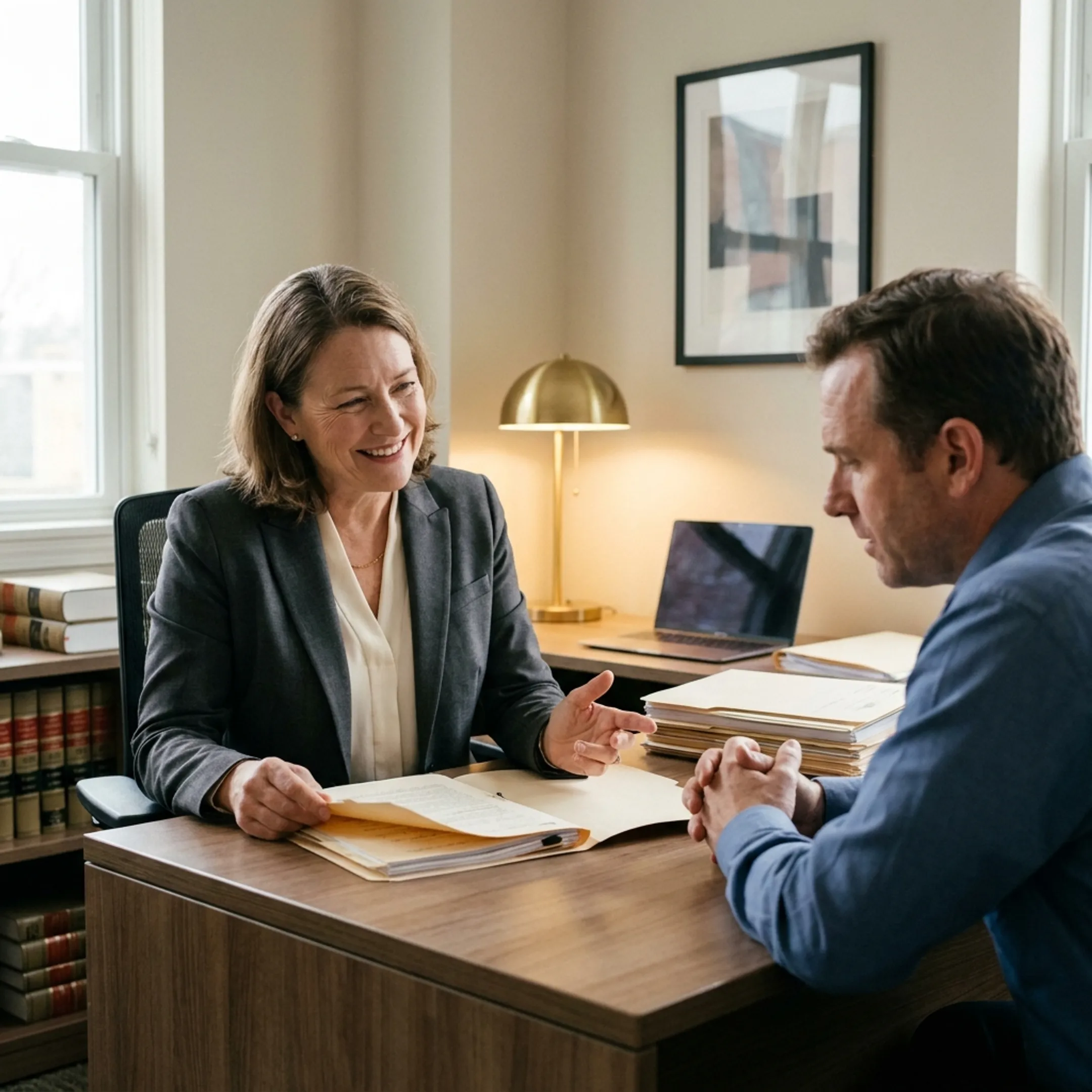Experienced attorney advising a client in a modern Atlanta law firm office