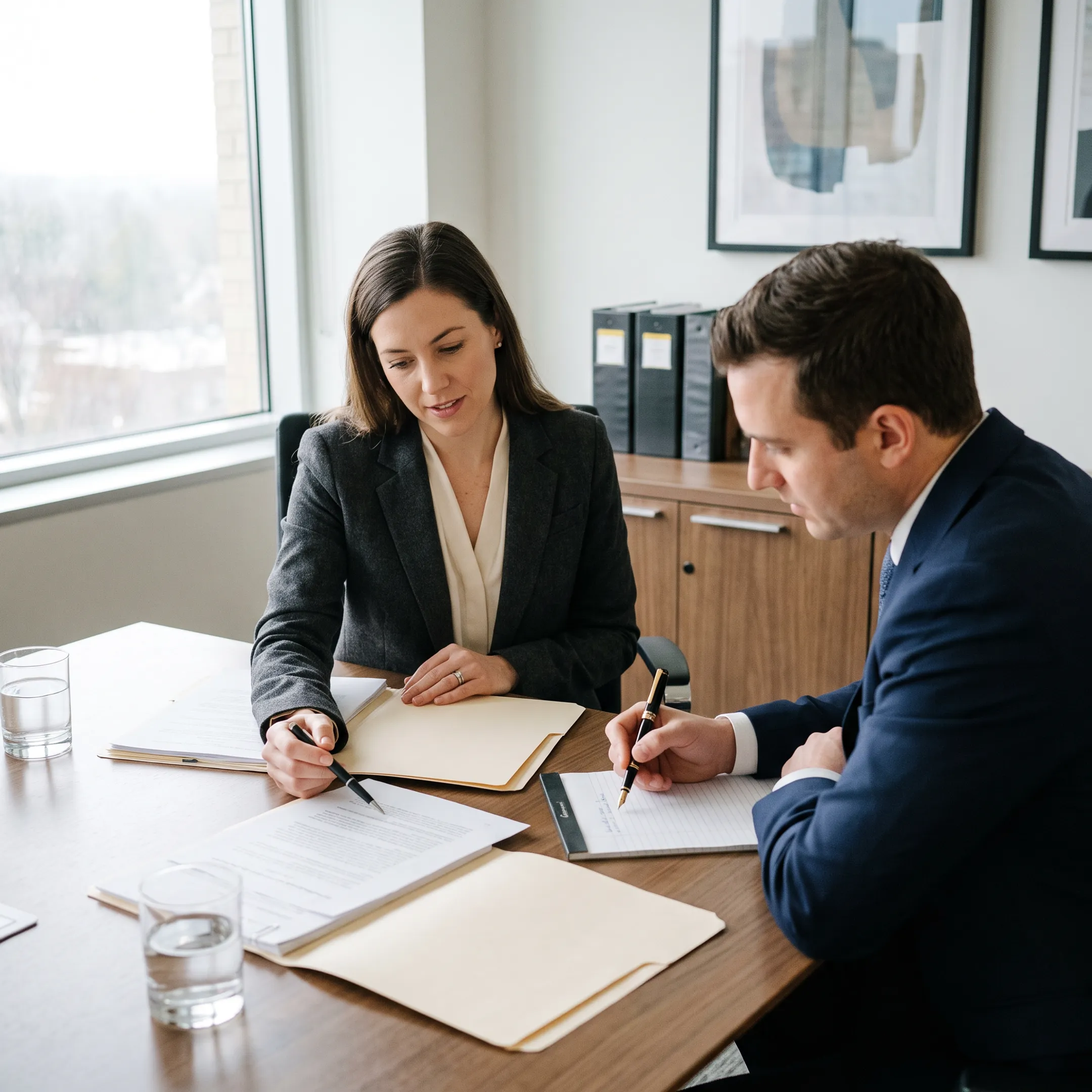 Family law attorneys discussing case documents in an Atlanta legal conference room