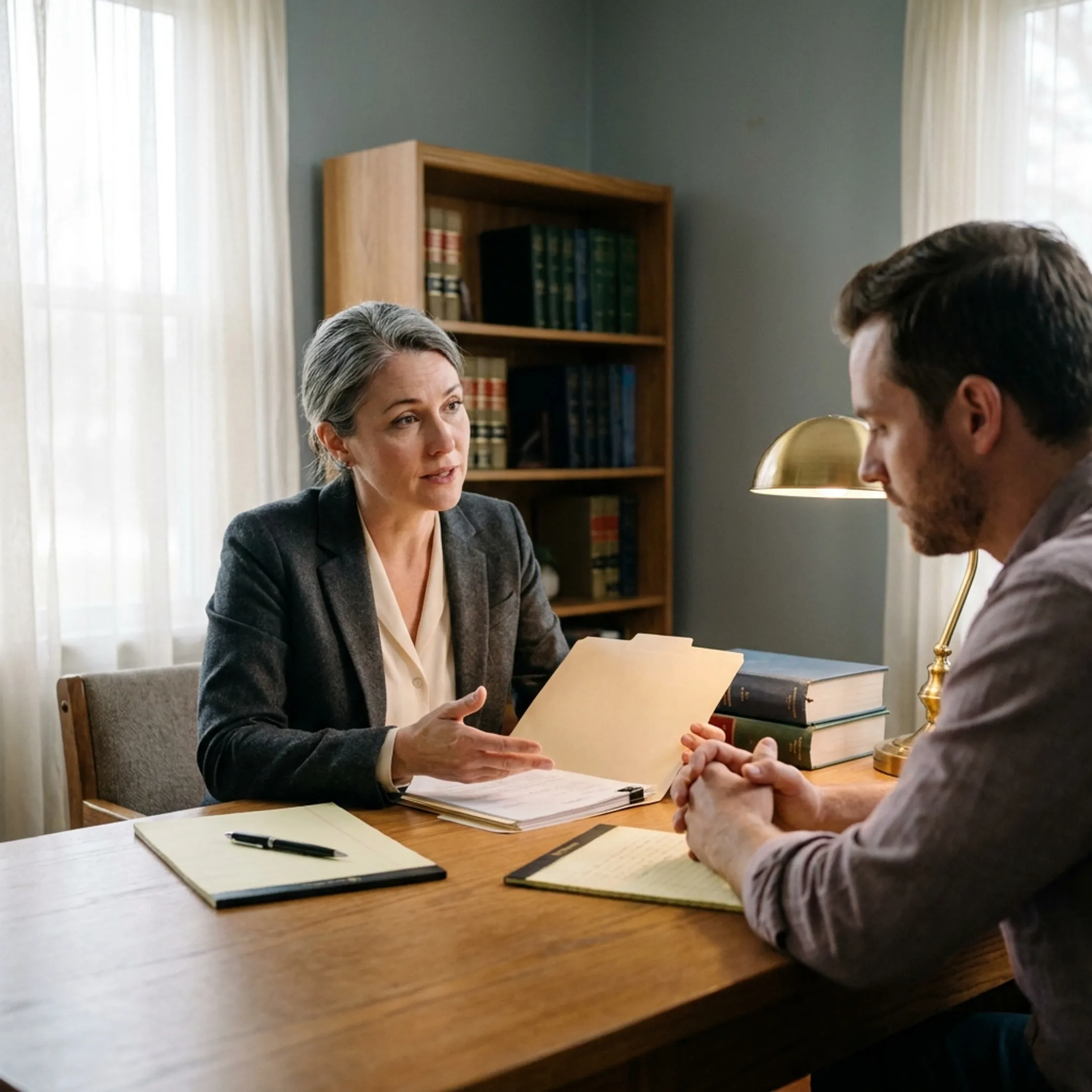 Attorney consulting with client about contested divorce options