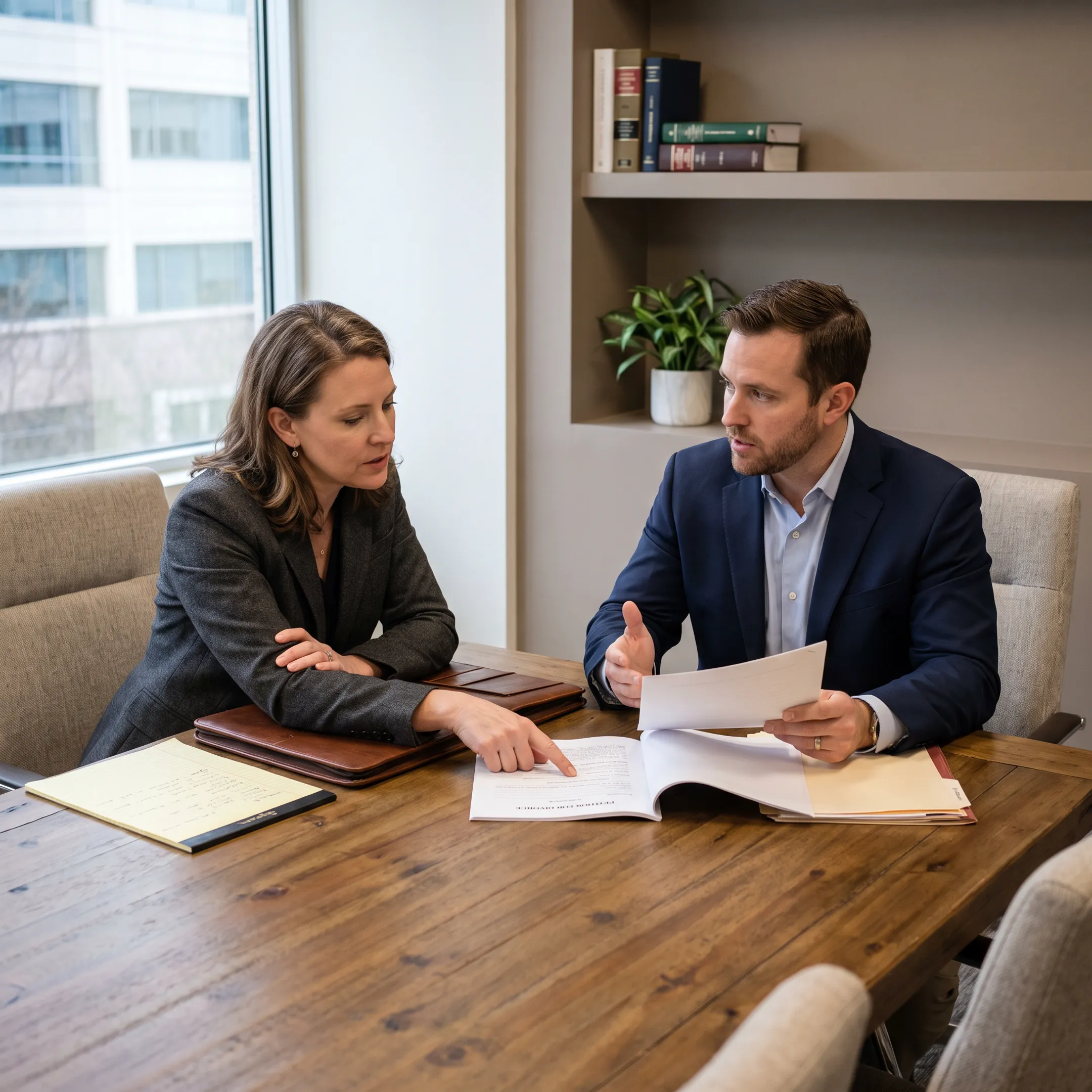 Contested divorce lawyers discussing case strategy in office