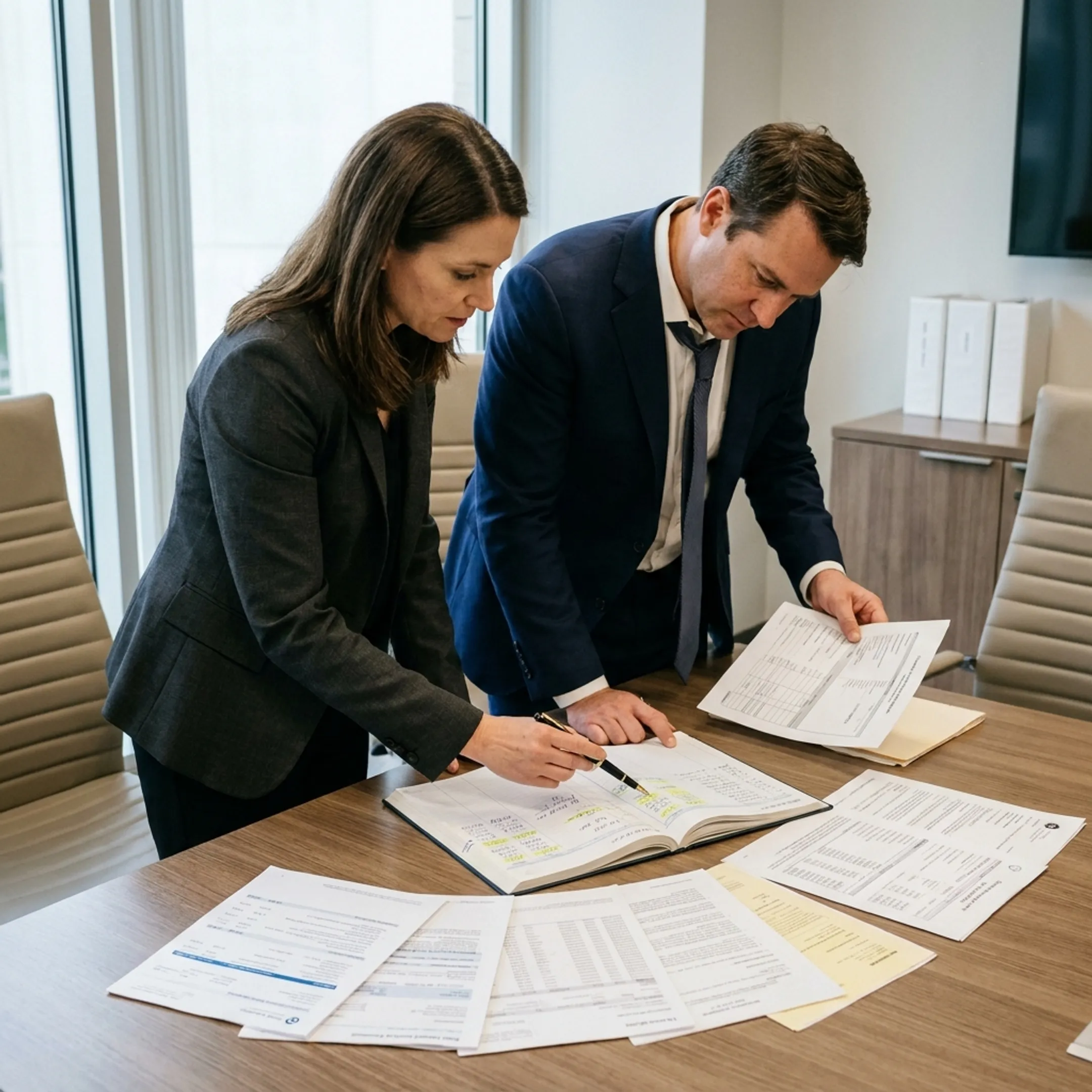 Attorneys analyzing spousal support calculations and financial records